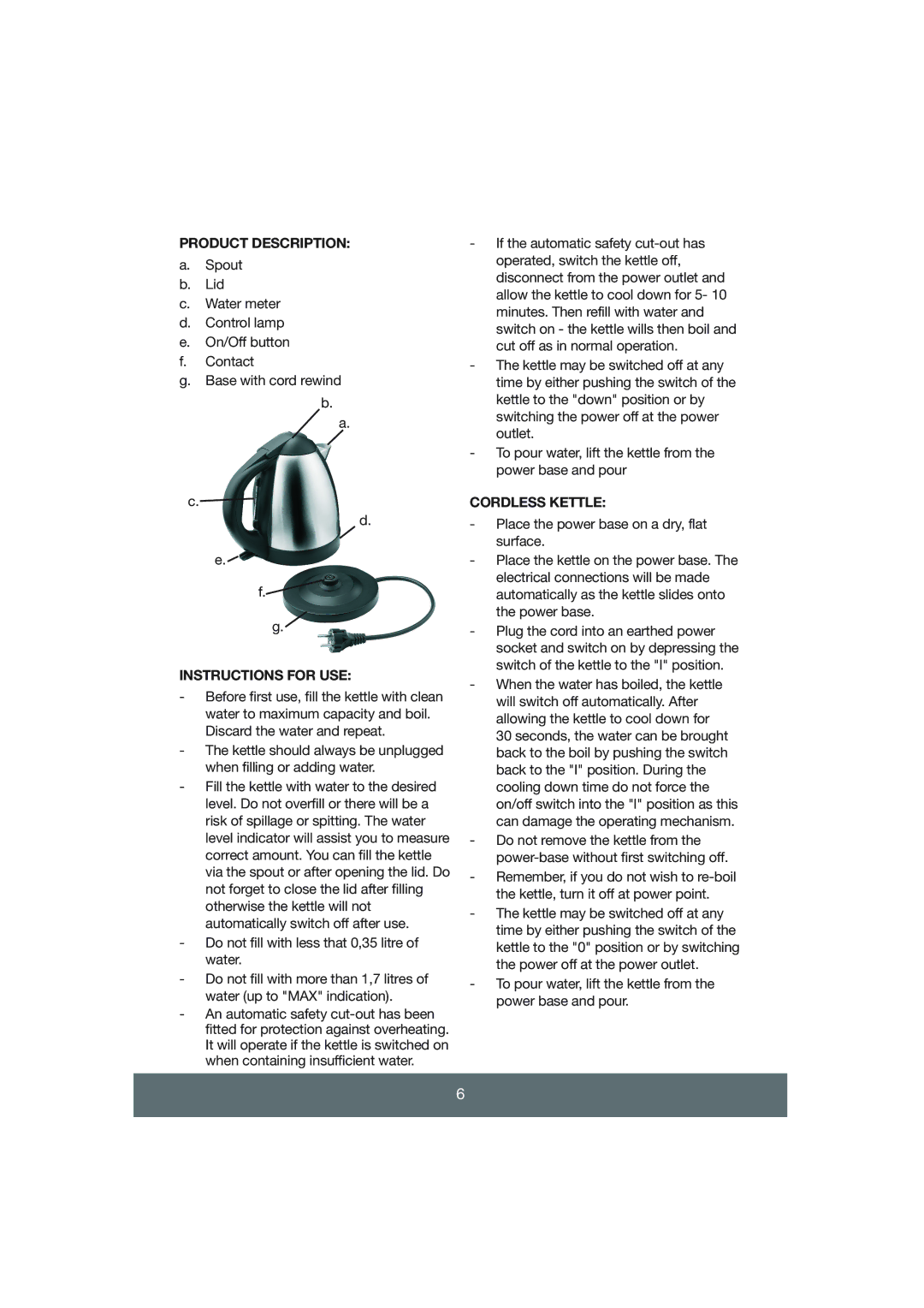 Melissa 645-055 manual Product Description, Instructions for USE, Cordless Kettle 