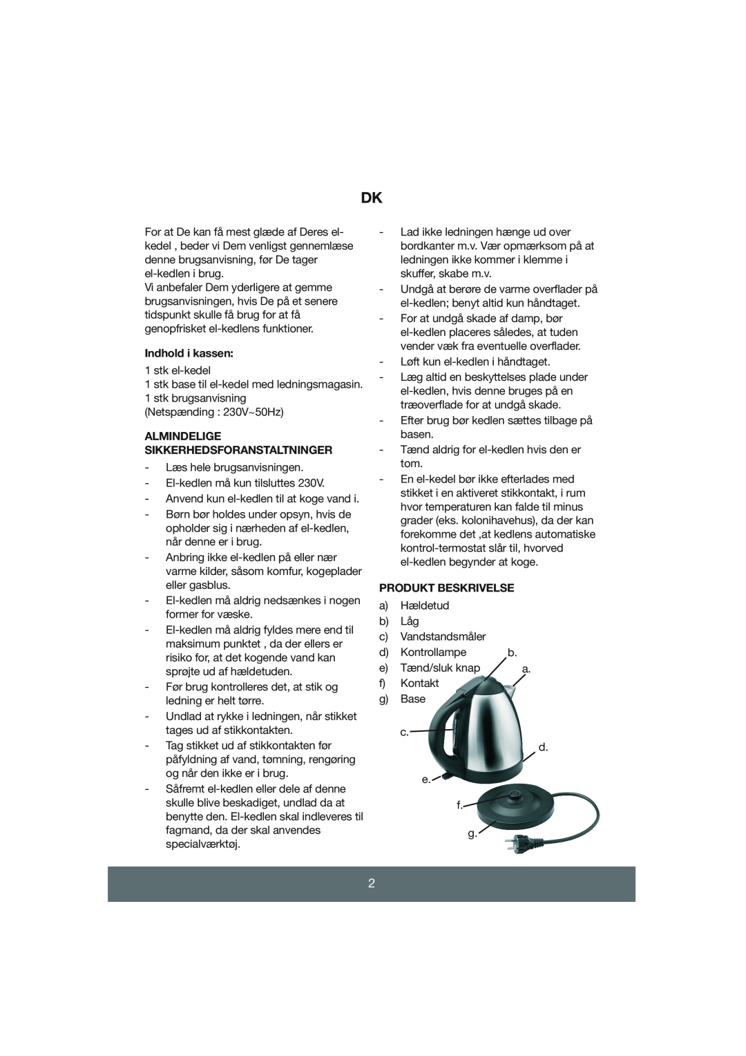Melissa 645-055 manual Indhold i kassen, Almindelige Sikkerhedsforanstaltninger, Produkt Beskrivelse 