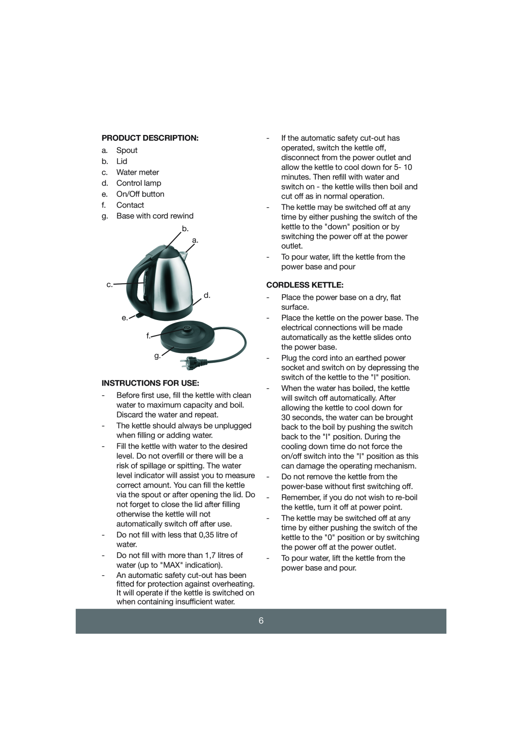 Melissa 645-055 manual Product Description, Instructions For Use, Cordless Kettle 