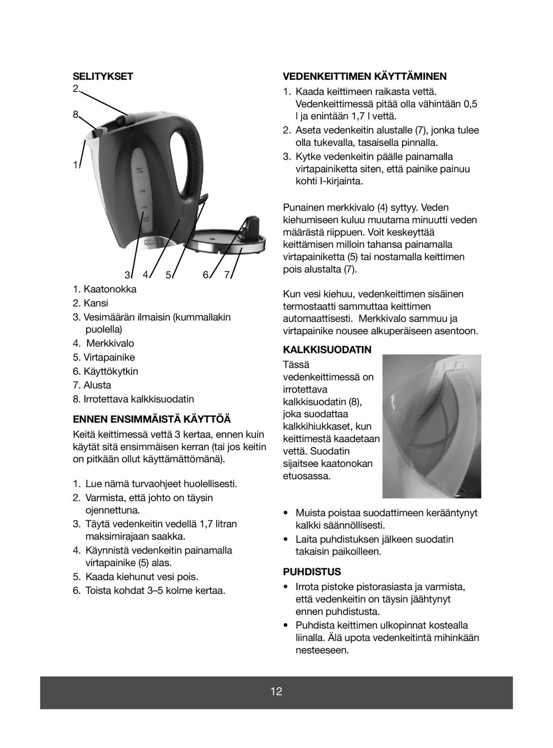 Melissa 645-062 manual Selitykset, Ennen Ensimmäistä Käyttöä, Vedenkeittimen Käyttäminen, Kalkkisuodatin, Puhdistus 