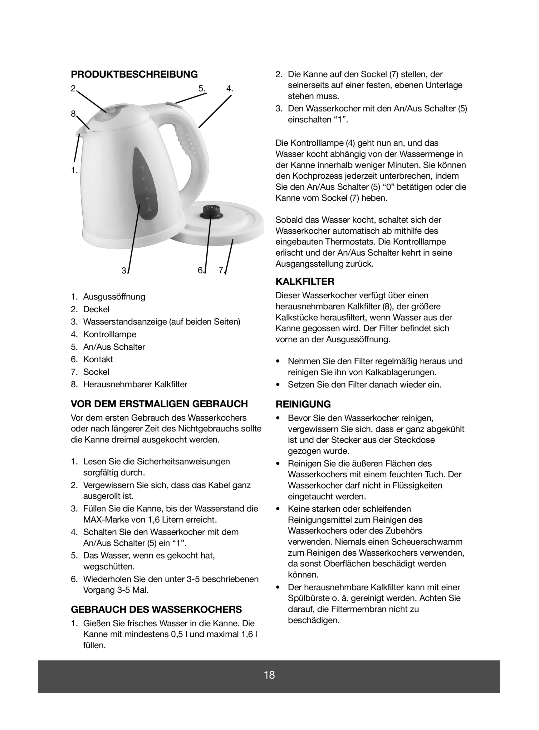 Melissa 645-063 manual Produktbeschreibung, VOR DEM Erstmaligen Gebrauch, Gebrauch DES Wasserkochers, Reinigung 