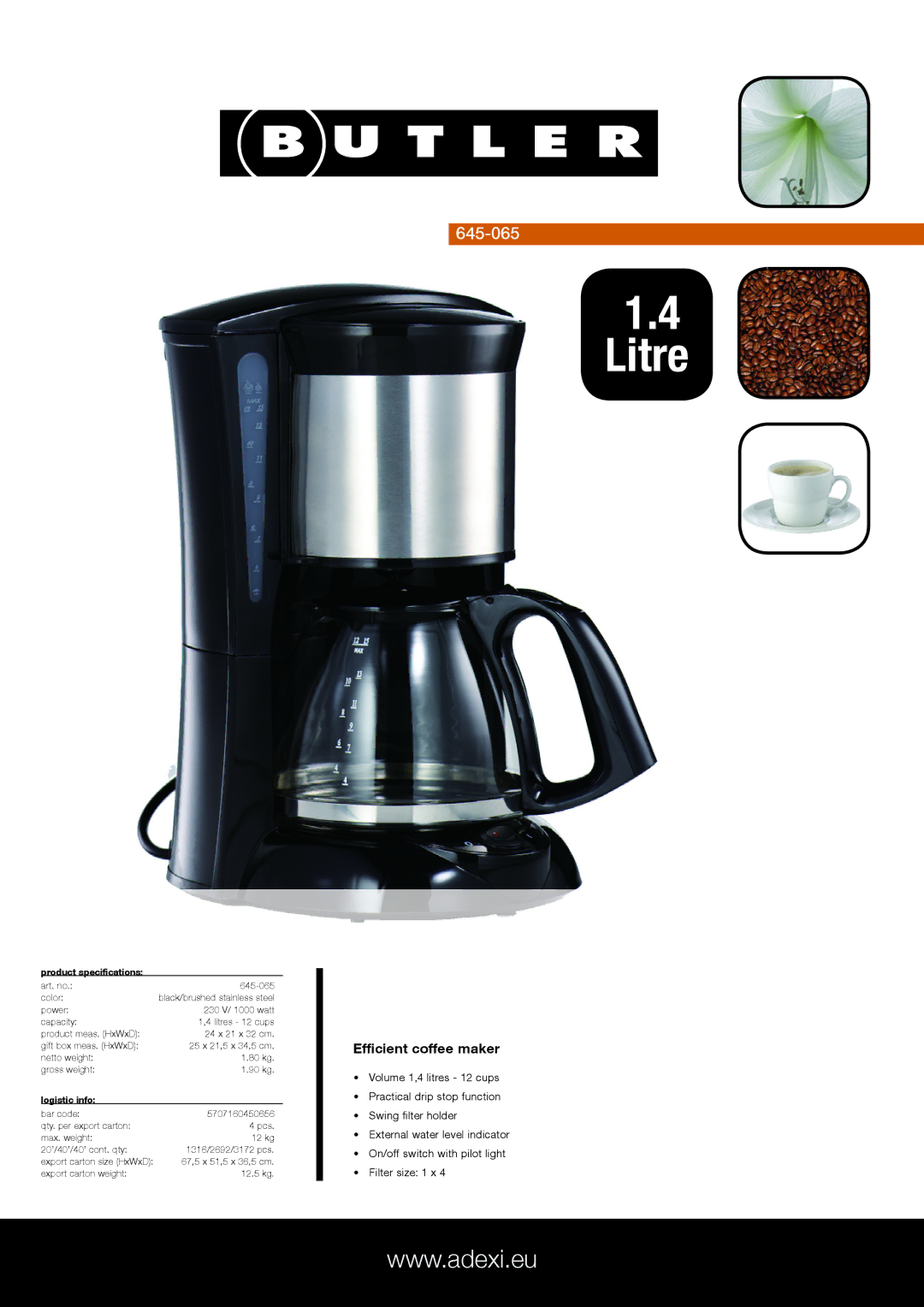 Melissa 645-065 specifications Litre, Efficient coffee maker, Product specifications, Logistic info 