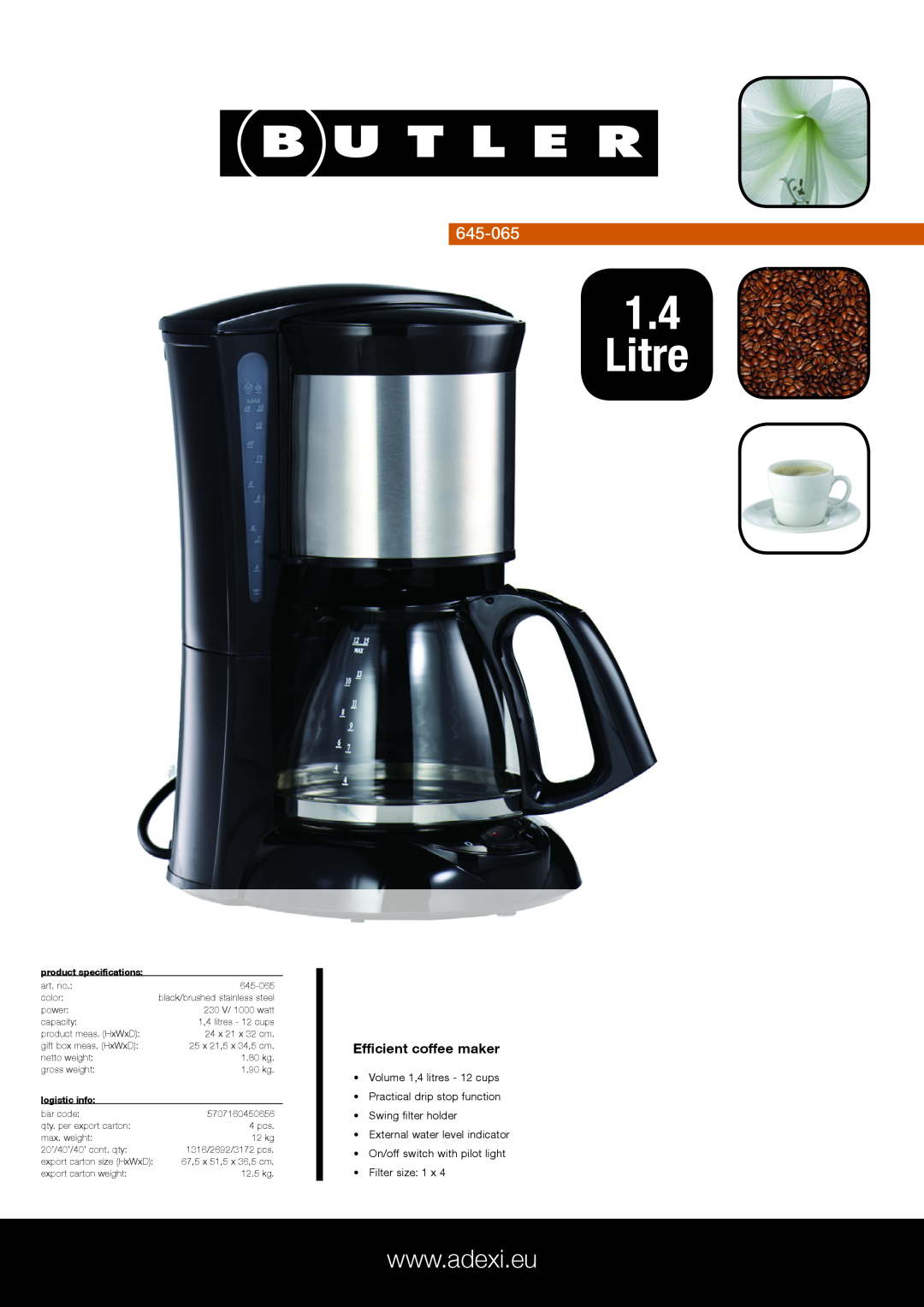 Melissa 645-065 specifications Litre, Efficient coffee maker, Volume 1,4 litres - 12 cups, Practical drip stop function 