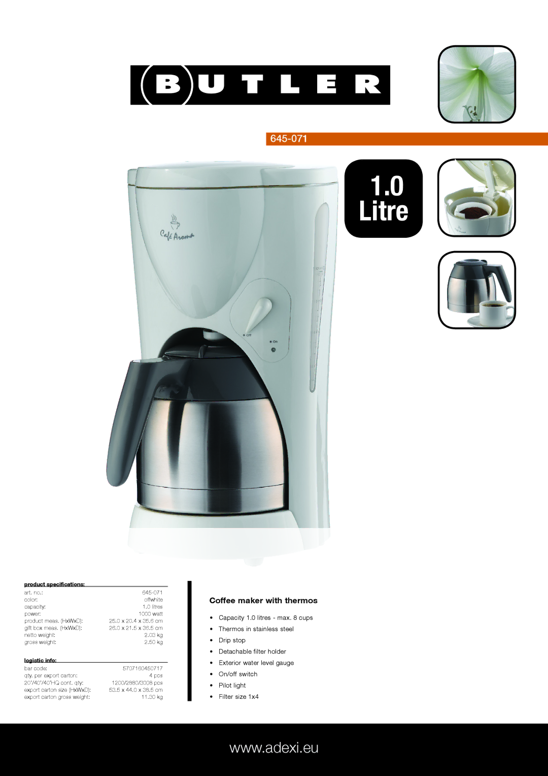 Melissa 645-071 specifications Litre, Coffee maker with thermos, Product specifications, Logistic info 