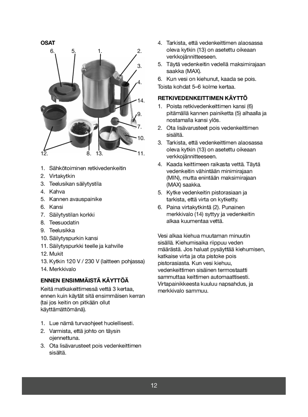 Melissa 645-074 manual Osat, Retkivedenkeittimen Käyttö, Ennen Ensimmäistä Käyttöä 