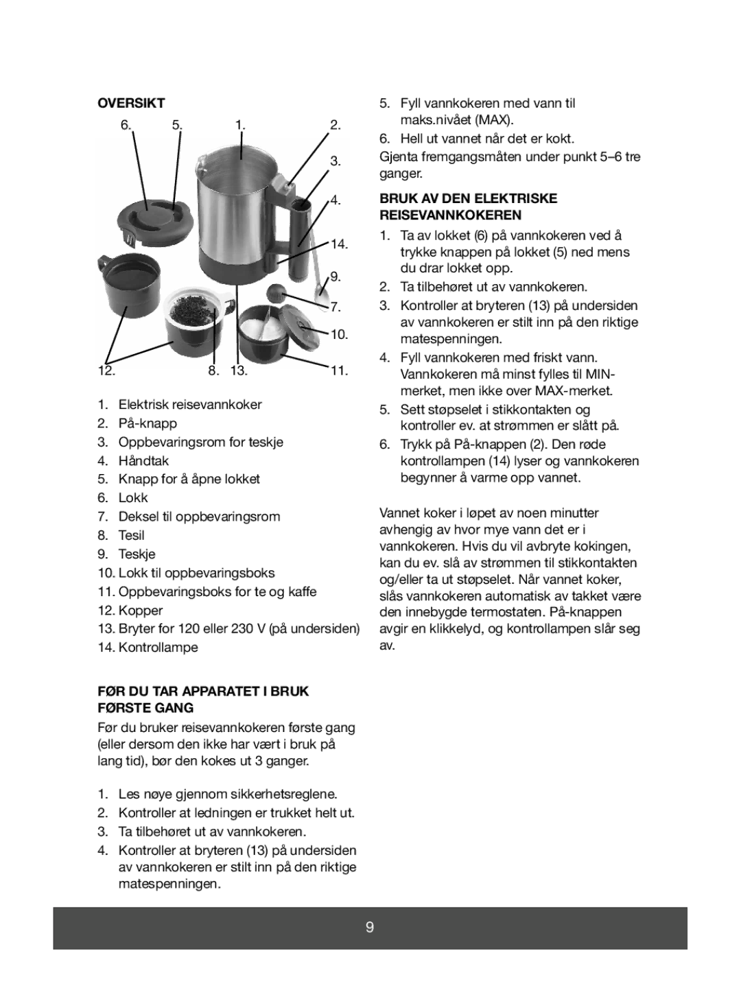 Melissa 645-074 manual Oversikt, Bruk AV DEN Elektriske Reisevannkokeren, FØR DU TAR Apparatet I Bruk Første Gang 