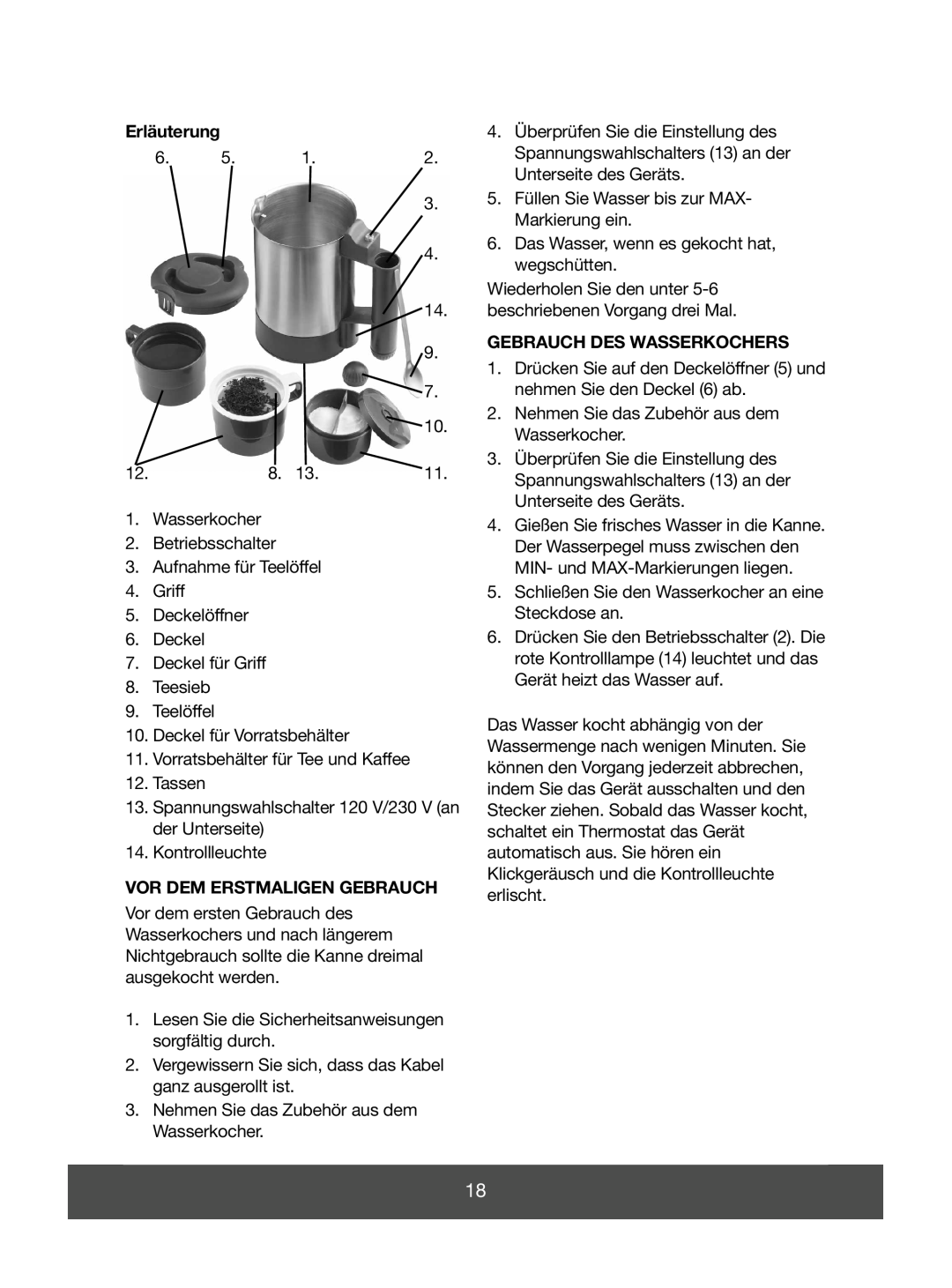 Melissa 645-074 manual Erläuterung, Gebrauch Des Wasserkochers, Vor Dem Erstmaligen Gebrauch 