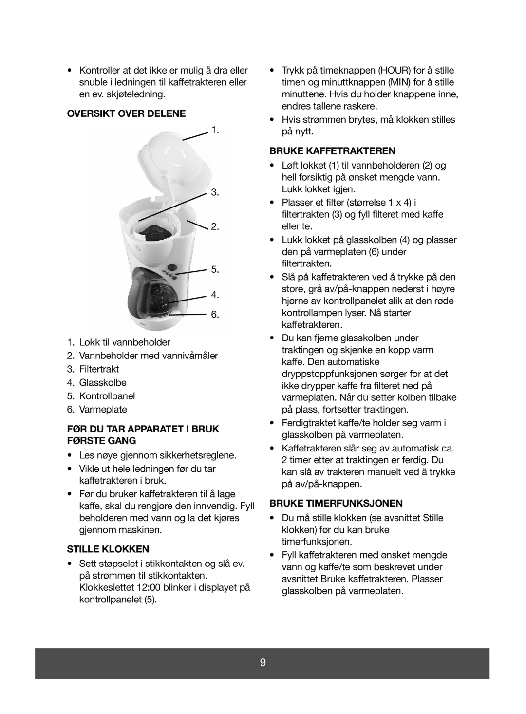 Melissa 645-075 manual Oversikt Over Delene, FØR DU TAR Apparatet I Bruk Første Gang, Stille Klokken, Bruke Kaffetrakteren 