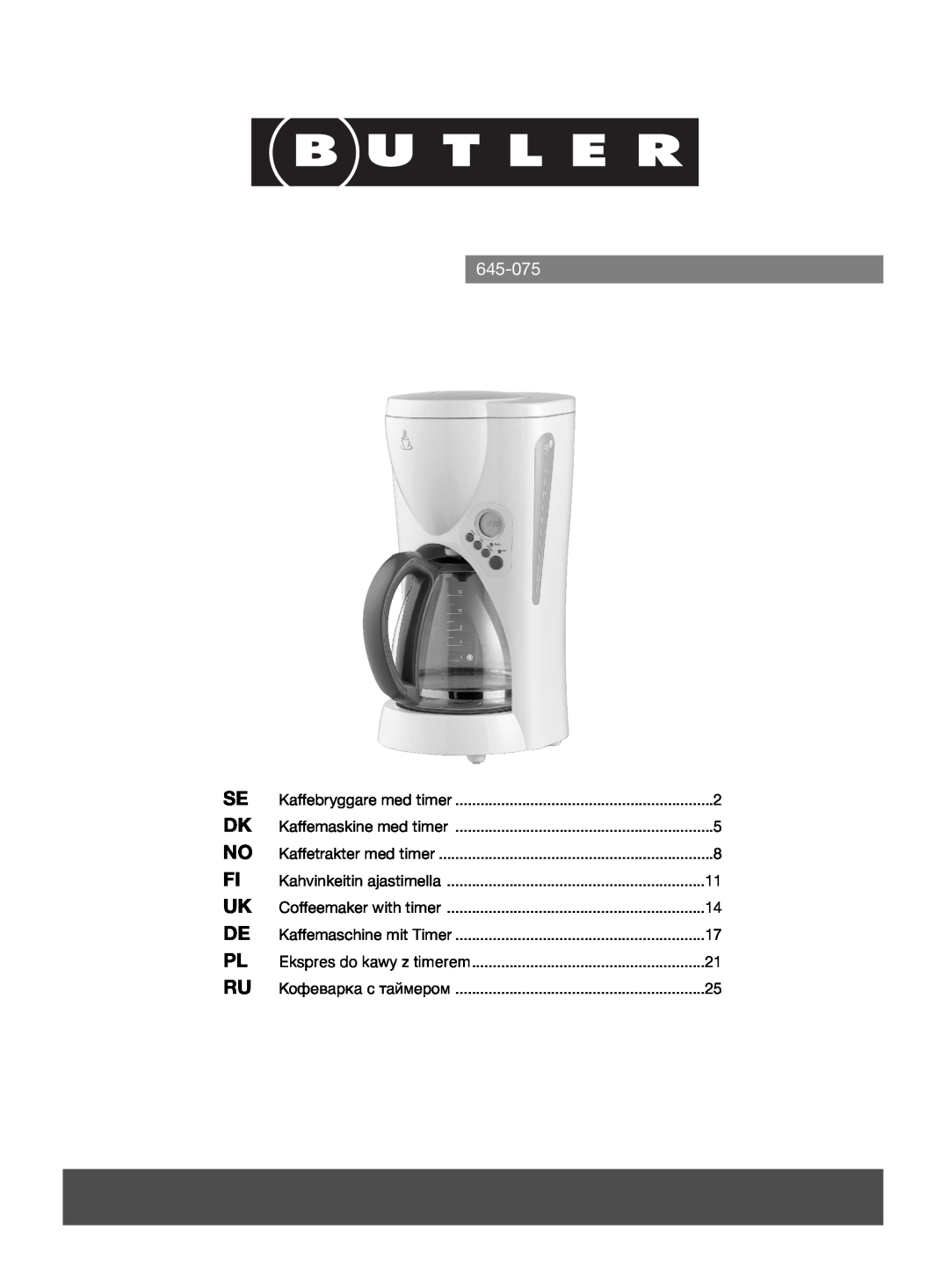 Melissa 645-075 manual Kahvinkeitin ajastimella, Coffeemaker with timer, Kaffemaschine mit Timer, Кофеварка с таймером 