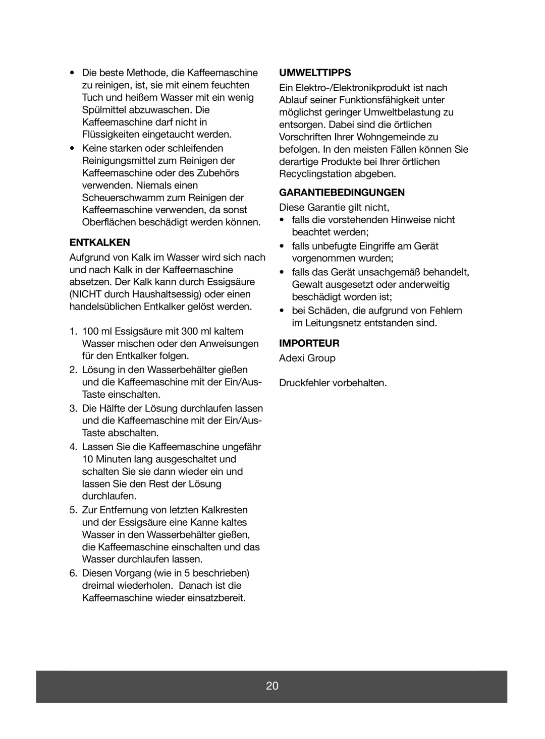 Melissa 645-075 manual Entkalken, Umwelttipps, Garantiebedingungen, Importeur 