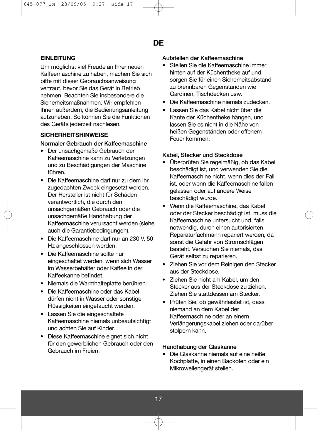 Melissa 645-077 manual Einleitung, Sicherheitshinweise, Normaler Gebrauch der Kaffeemaschine 