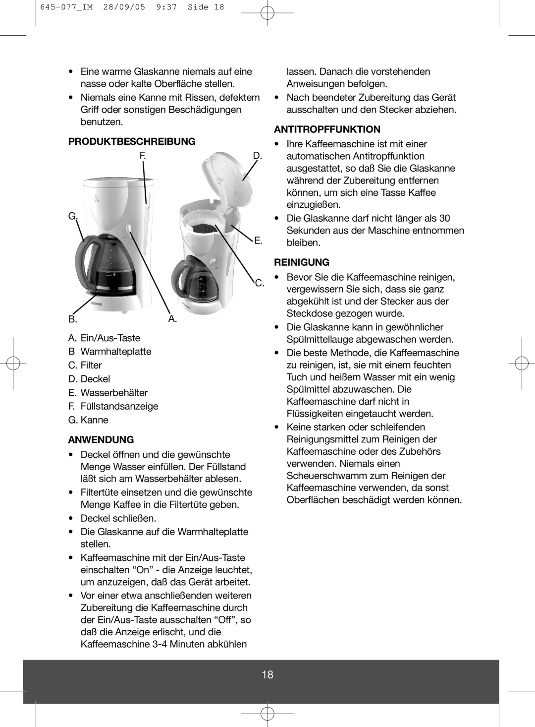 Melissa 645-077 manual Antitropffunktion Produktbeschreibung, Bleiben, Reinigung, Anwendung 