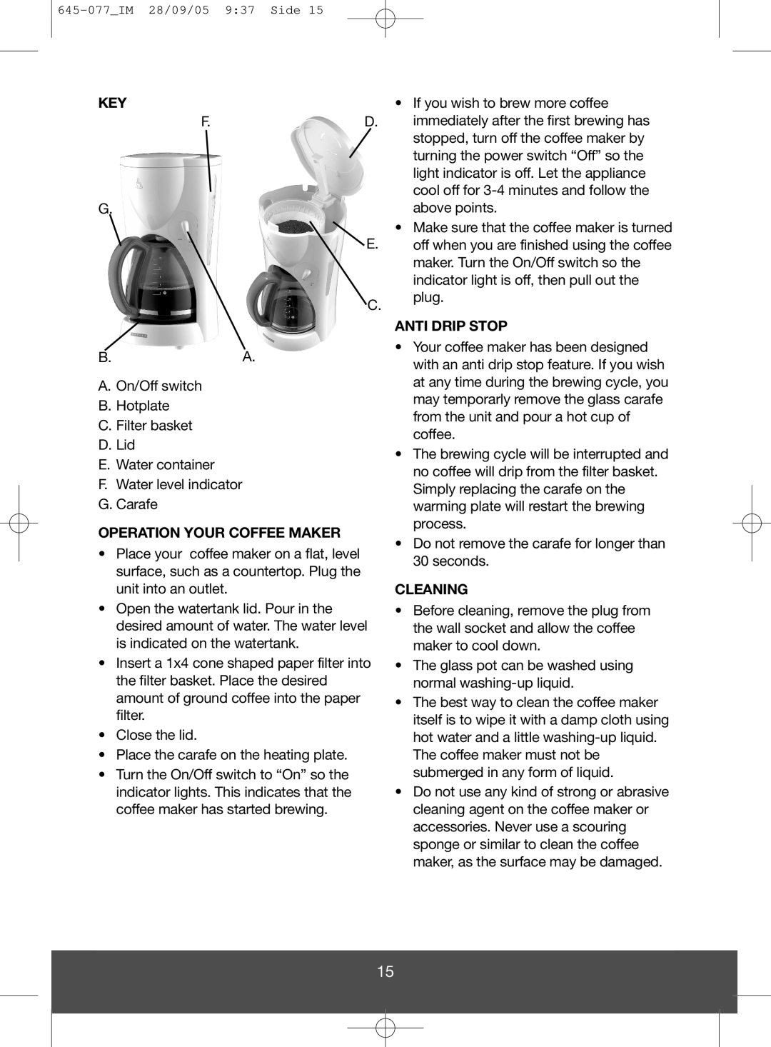 Melissa 645-077 manual Anti Drip Stop, Operation Your Coffee Maker, Cleaning 