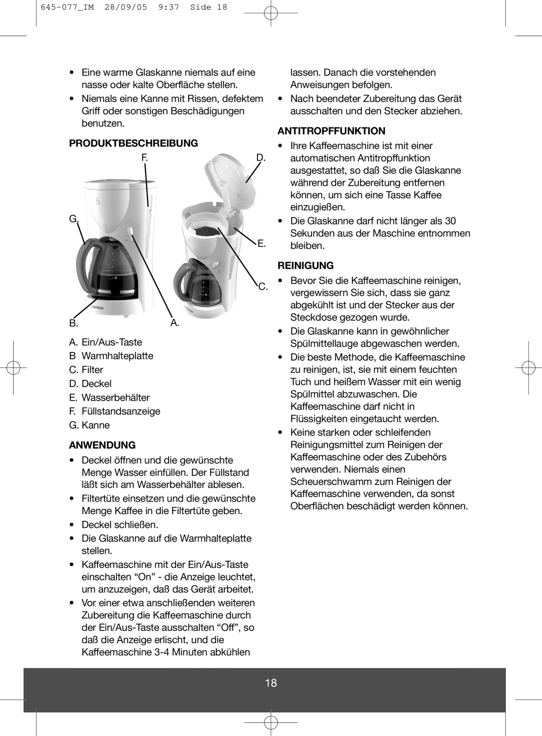 Melissa 645-077 manual Antitropffunktion, Produktbeschreibung, Reinigung, Anwendung 