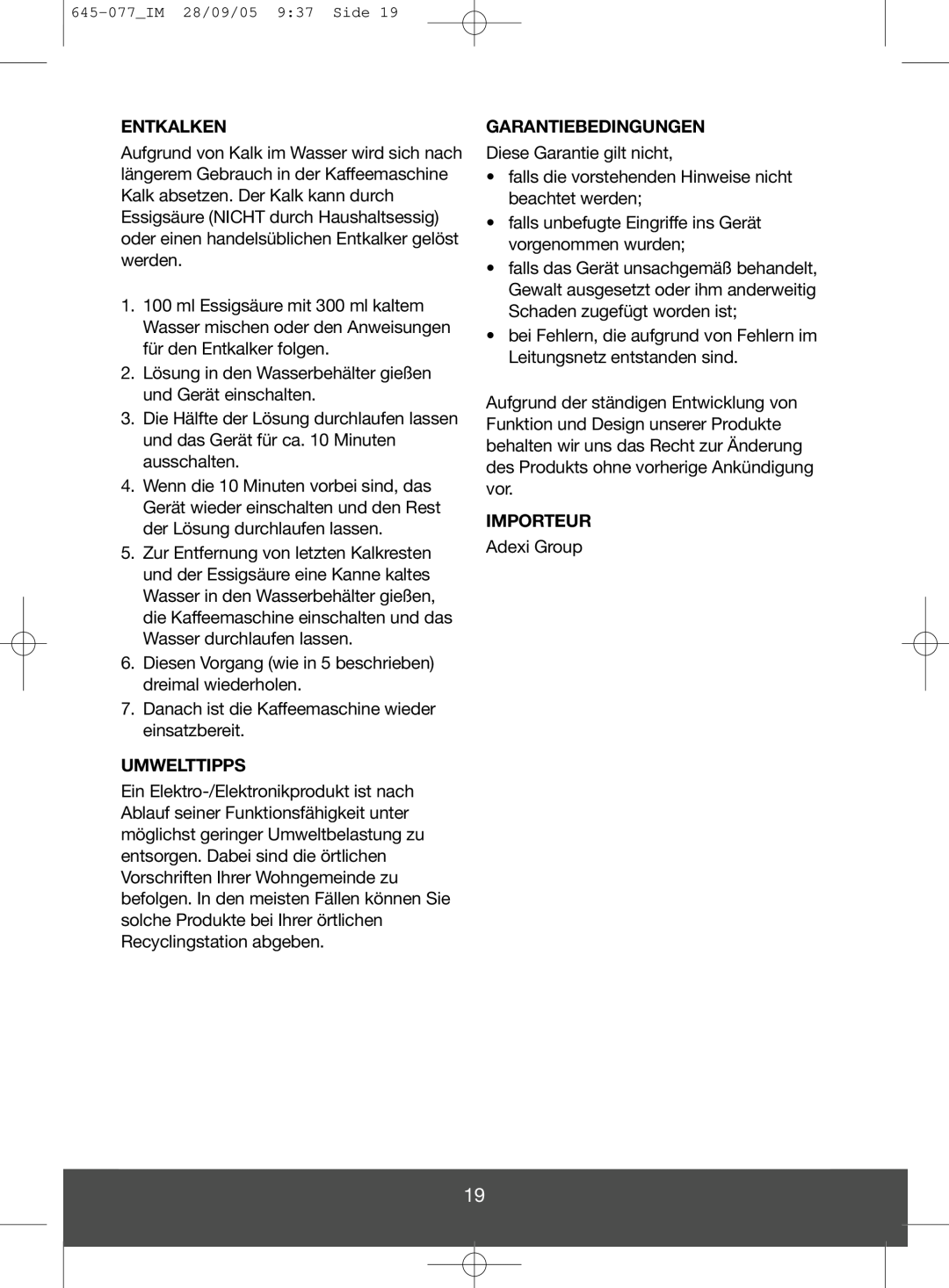 Melissa 645-077 manual Entkalken, Umwelttipps, Garantiebedingungen, Importeur 