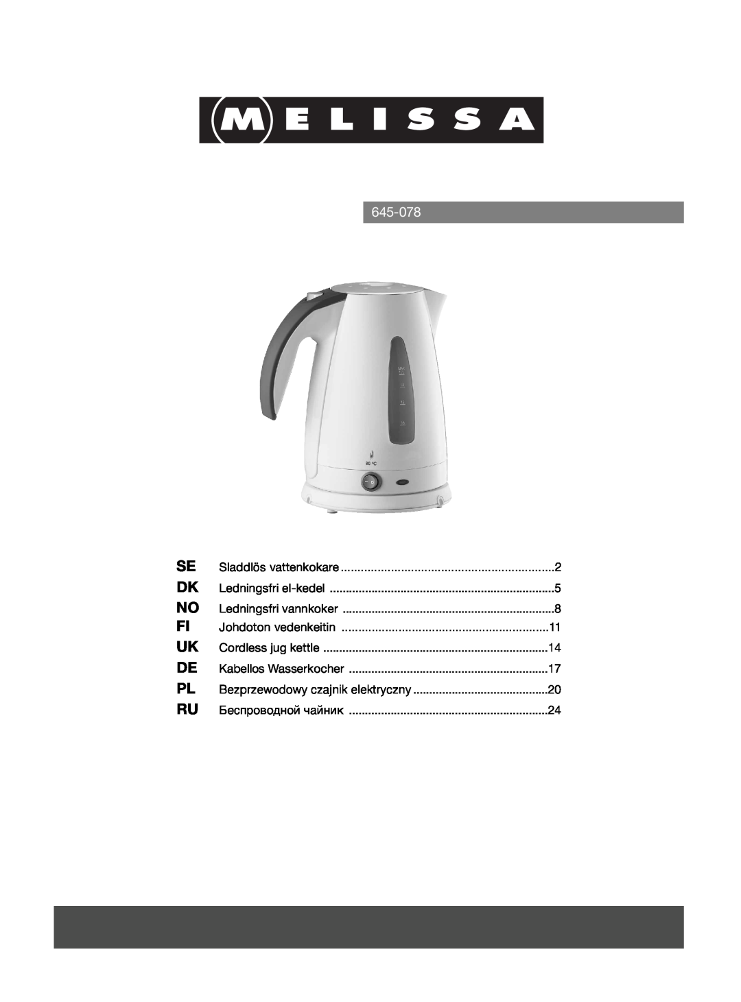 Melissa 645-078 manual Johdoton vedenkeitin, Sladdlös vattenkokare, Cordless jug kettle, Kabellos Wasserkocher 