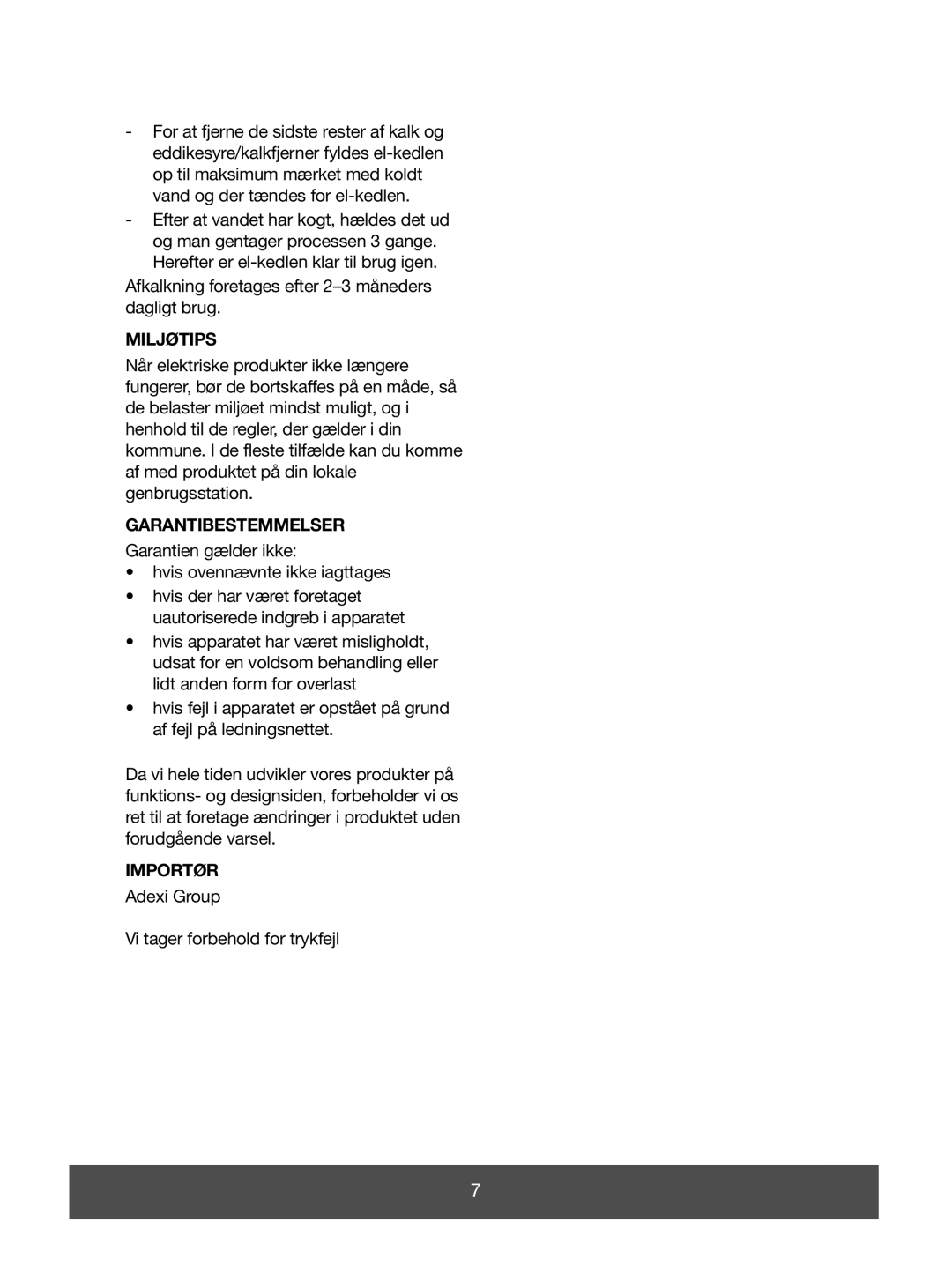 Melissa 645-078 manual Miljøtips, Garantibestemmelser, Importør 