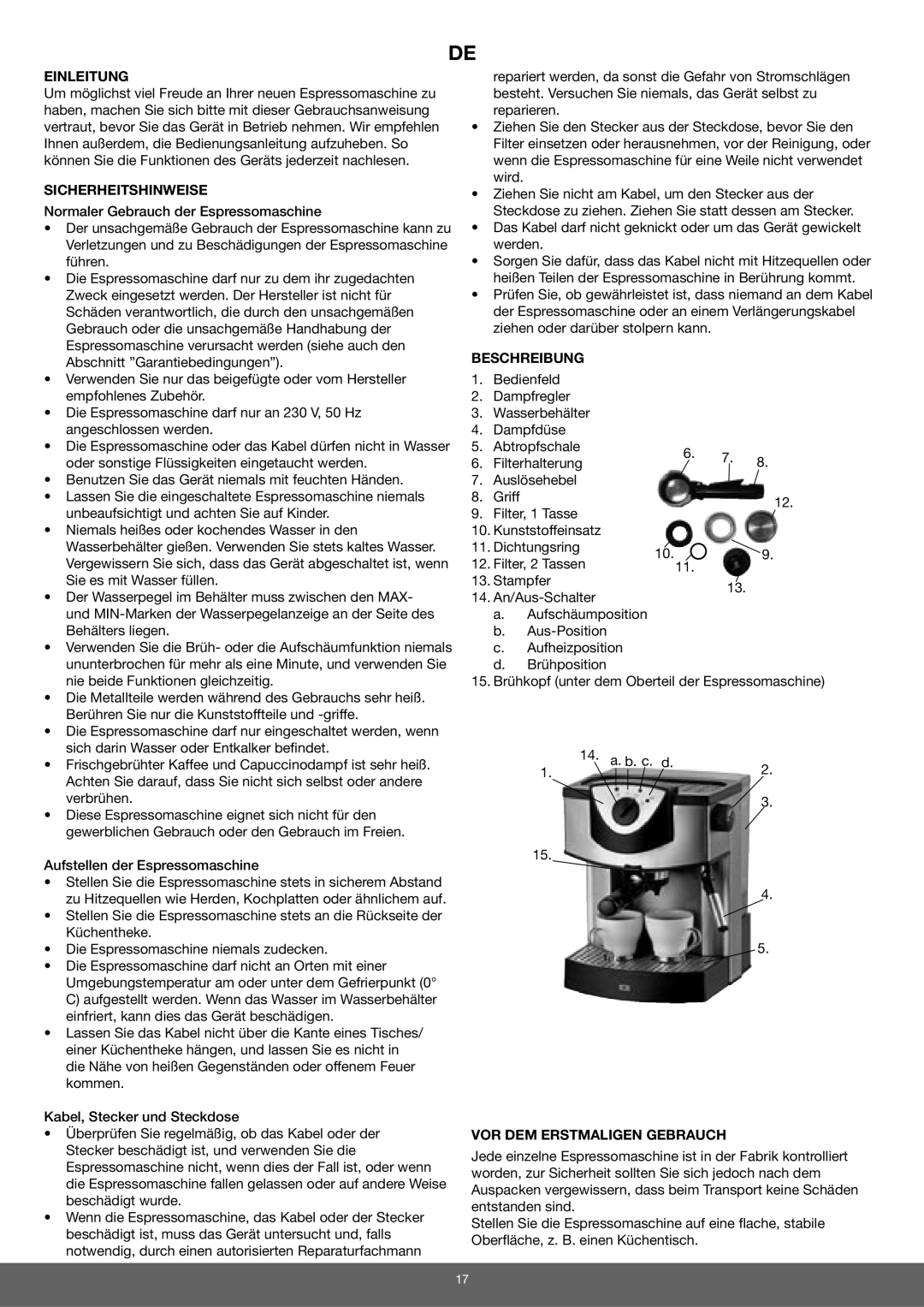 Melissa 645-079 manual Einleitung, Sicherheitshinweise, Aufstellen der Espressomaschine, Beschreibung 