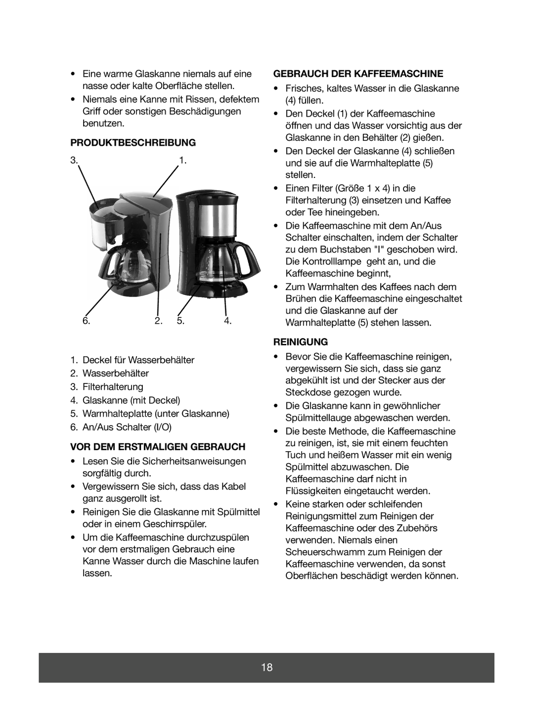 Melissa 645-085 manual Produktbeschreibung, VOR DEM Erstmaligen Gebrauch, Gebrauch DER Kaffeemaschine, Reinigung 