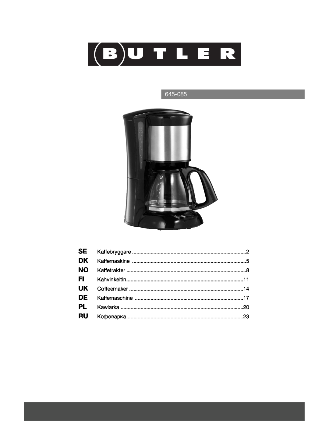 Melissa 645-085 manual Kaffebryggare, Kaffemaskine, Kaffetrakter, Kahvinkeitin, Coffeemaker, Kaffemaschine, Kawiarka 