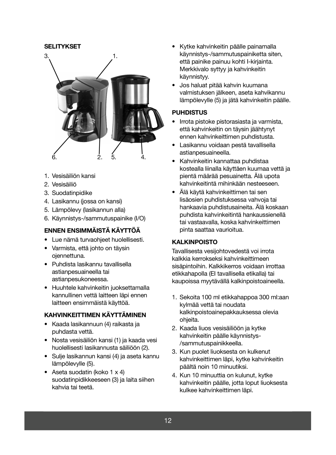 Melissa 645-085 manual Selitykset, Ennen Ensimmäistä Käyttöä, Kahvinkeittimen Käyttäminen, Puhdistus, Kalkinpoisto 