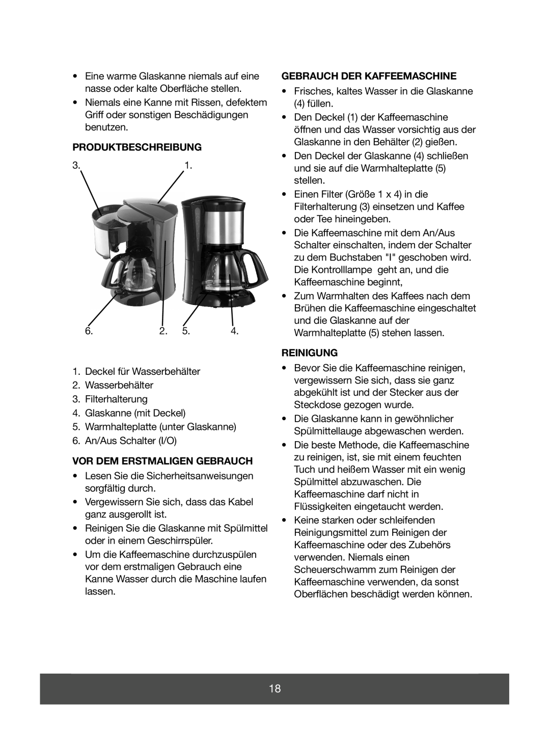 Melissa 645-085 manual Produktbeschreibung, Vor Dem Erstmaligen Gebrauch, Gebrauch Der Kaffeemaschine, Reinigung 