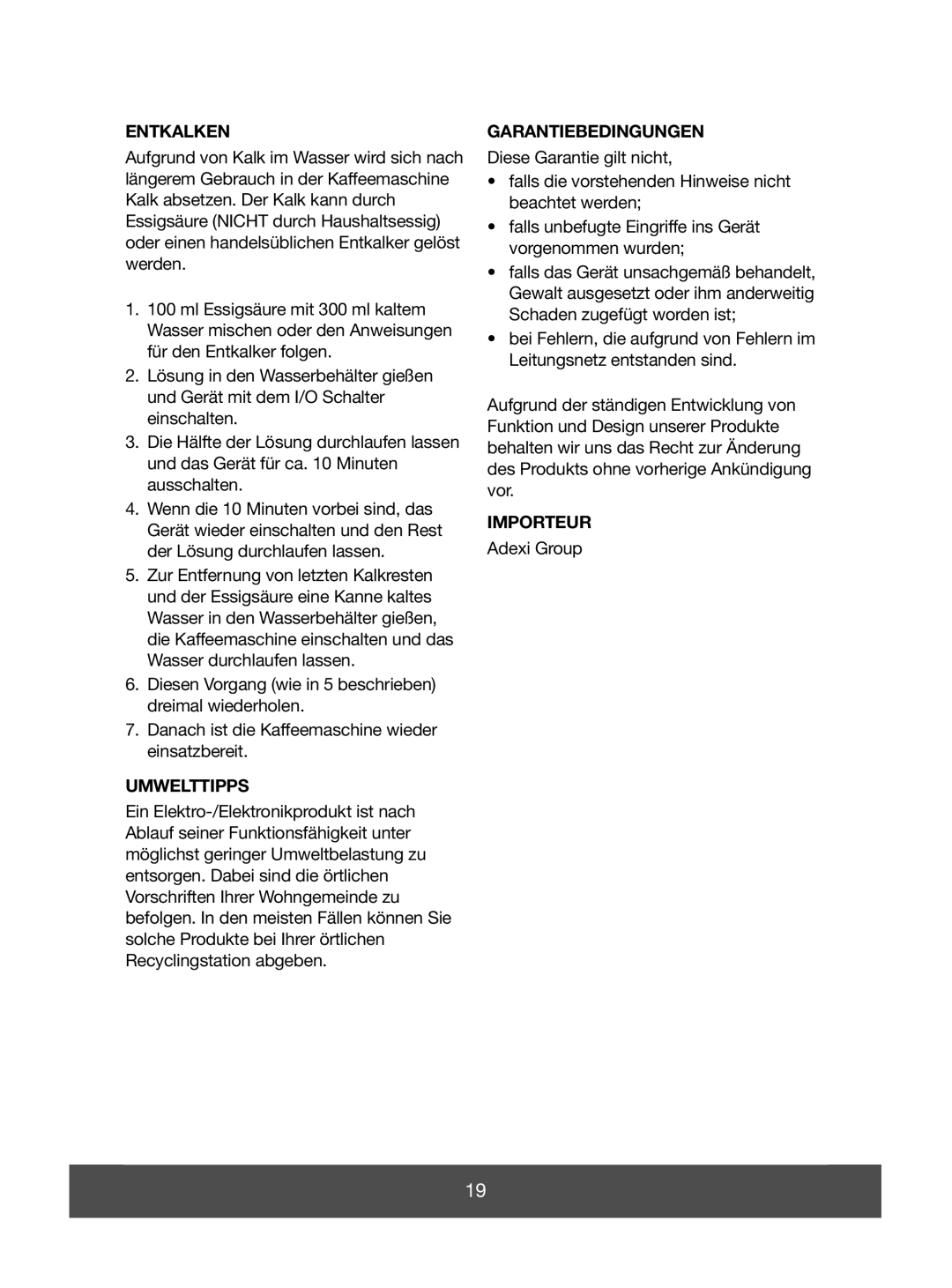 Melissa 645-085 manual Entkalken, Umwelttipps, Garantiebedingungen, Importeur 