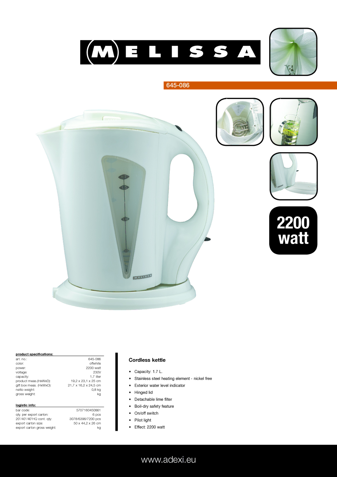 Melissa 645-086 specifications Watt, Cordless kettle, Product specifications, Logistic info 