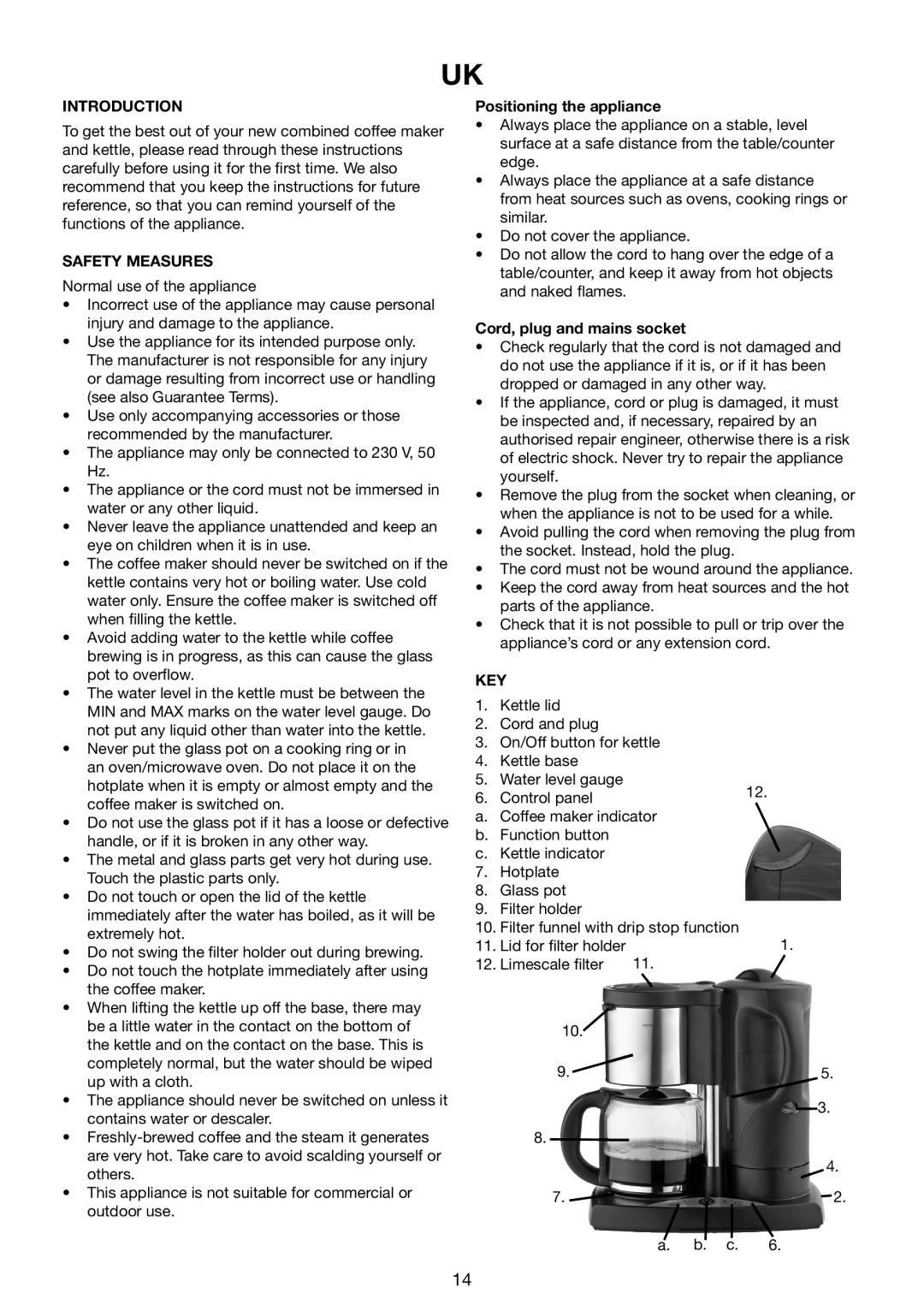 Melissa 645-089 manual Introduction, Safety Measures, Positioning the appliance, Cord, plug and mains socket, Key 