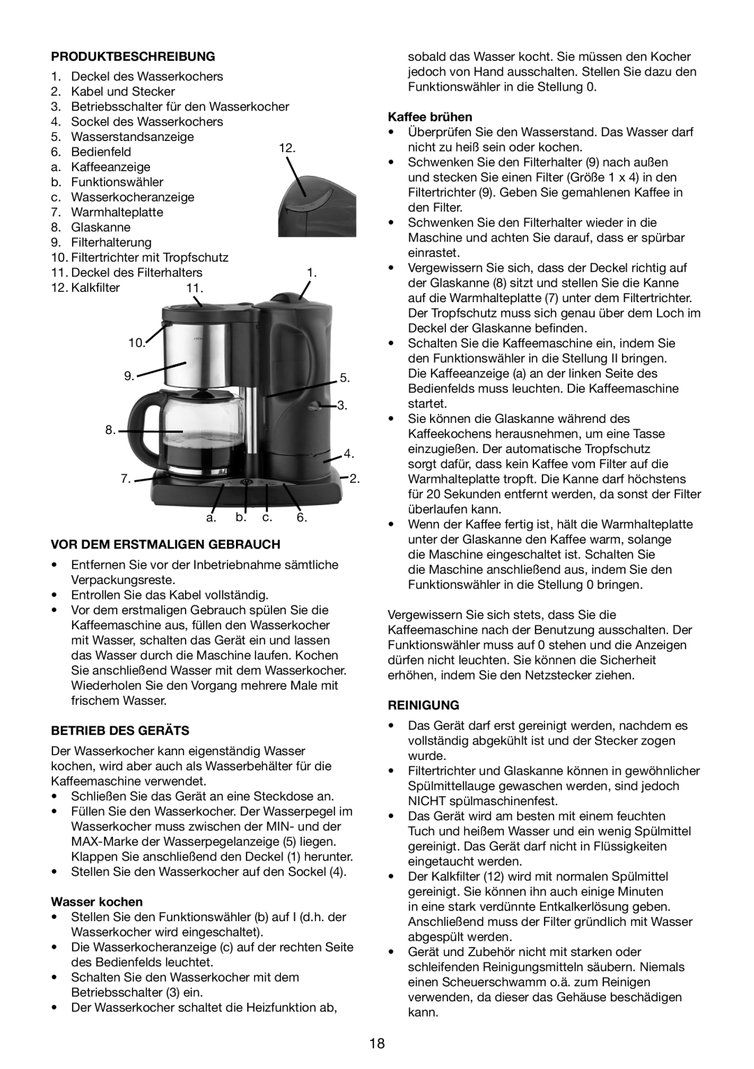 Melissa 645-089 manual Produktbeschreibung, VOR DEM Erstmaligen Gebrauch, Betrieb DES Geräts, Reinigung 