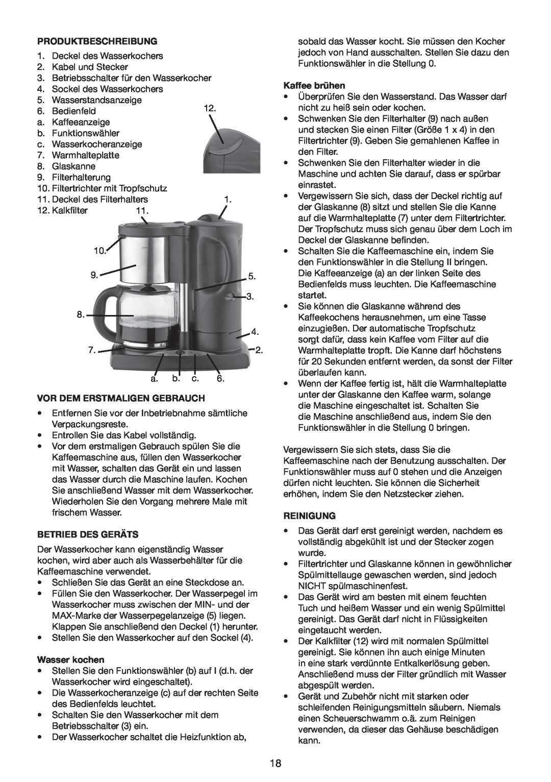 Melissa 645-089 manual Produktbeschreibung, Vor Dem Erstmaligen Gebrauch, Betrieb Des Geräts, Wasser kochen, Kaffee brühen 