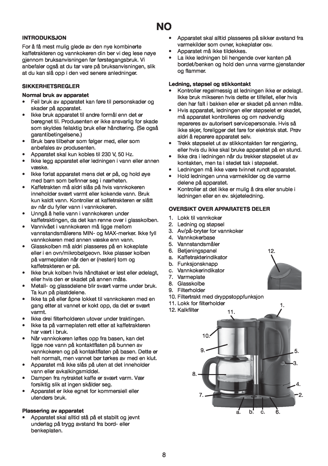 Melissa 645-089 manual Introduksjon, SIKKERHETSREGLER Normal bruk av apparatet, Plassering av apparatet 