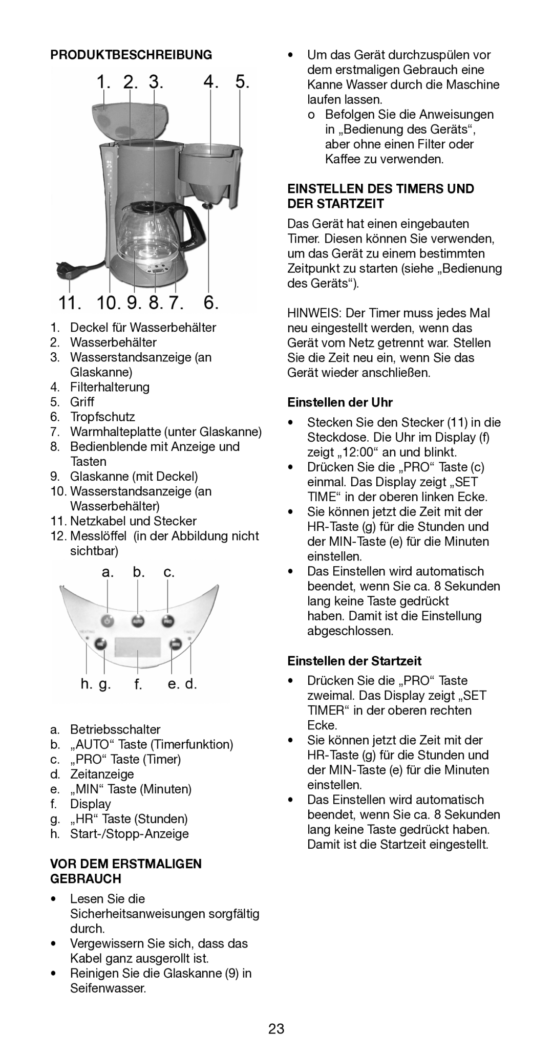 Melissa 145-017, 645-094 manual Produktbeschreibung, VOR DEM Erstmaligen Gebrauch, Einstellen DES Timers UND DER Startzeit 