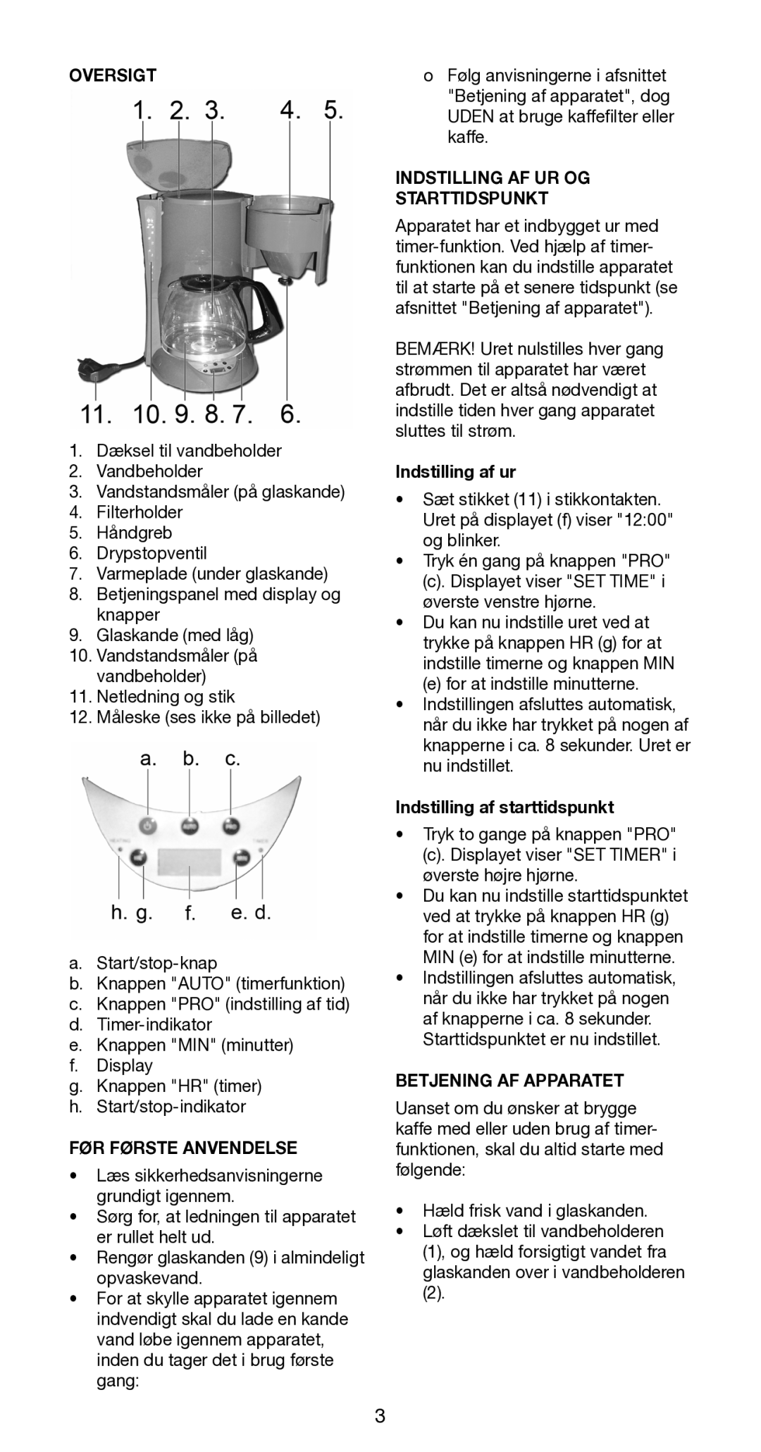 Melissa 645-094, 645-102 manual Oversigt, FØR Første Anvendelse, Indstilling AF UR OG Starttidspunkt, Betjening AF Apparatet 