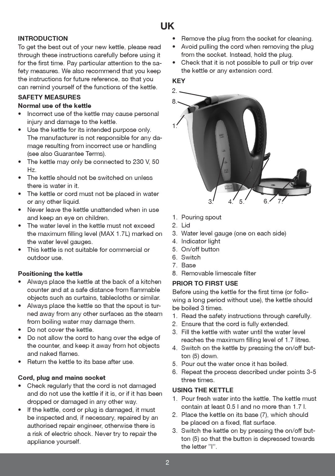 Melissa 645-096 manual Introduction, Safety Measures, Key, Prior to First USE, Using the Kettle 
