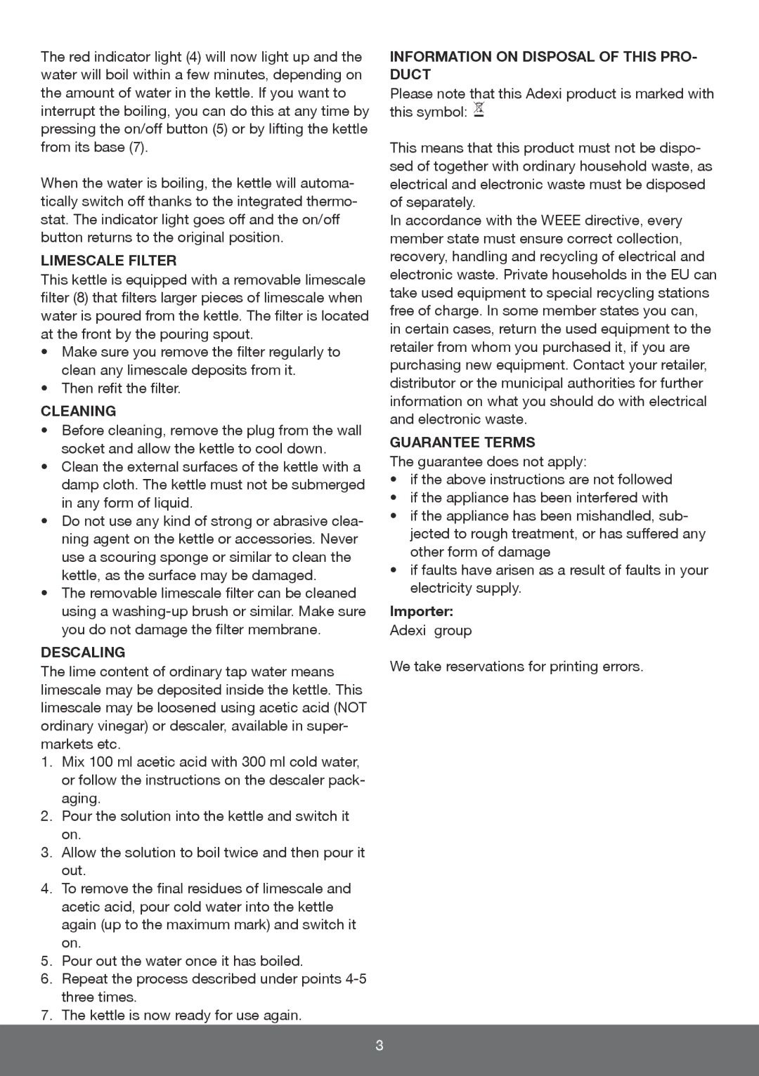 Melissa 645-096 manual Limescale Filter, Cleaning, Descaling, Information on Disposal of this PRO- Duct, Guarantee Terms 