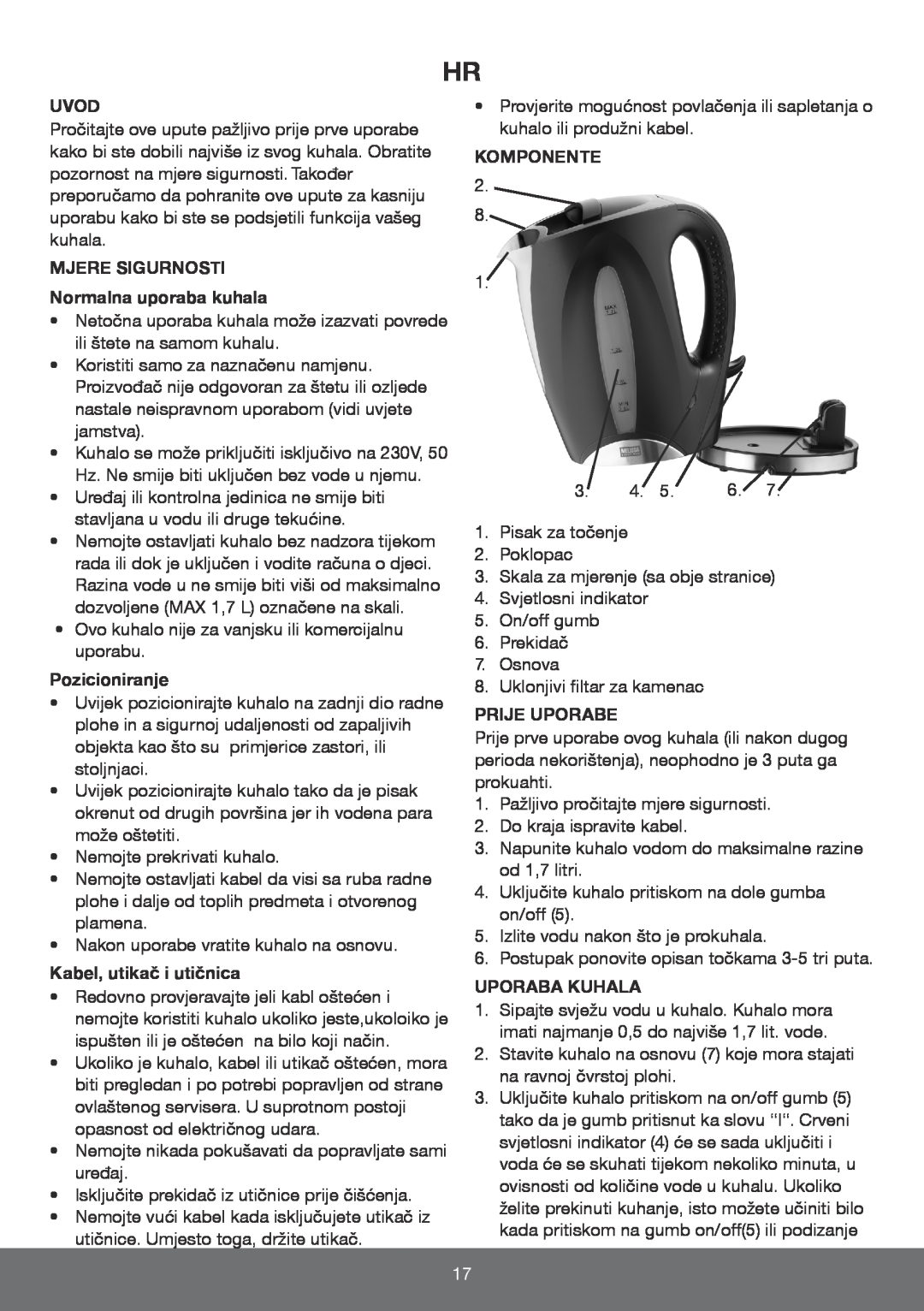 Melissa 645-096 manual MJERE SIGURNOSTI Normalna uporaba kuhala, Pozicioniranje, Kabel, utikač i utičnica, Komponente, Uvod 