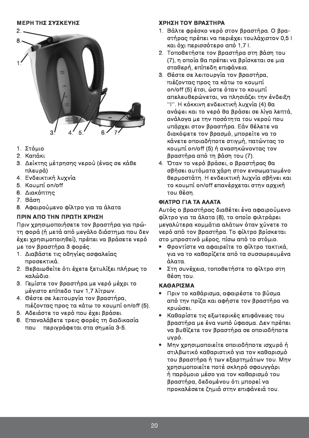 Melissa 645-096 manual Μερη Τησ Συσκευησ, Πριν Απο Την Πρωτη Χρηση, Χρηση Του Βραστηρα, Φιλτρο Για Τα Αλατα, Καθαρισμα 