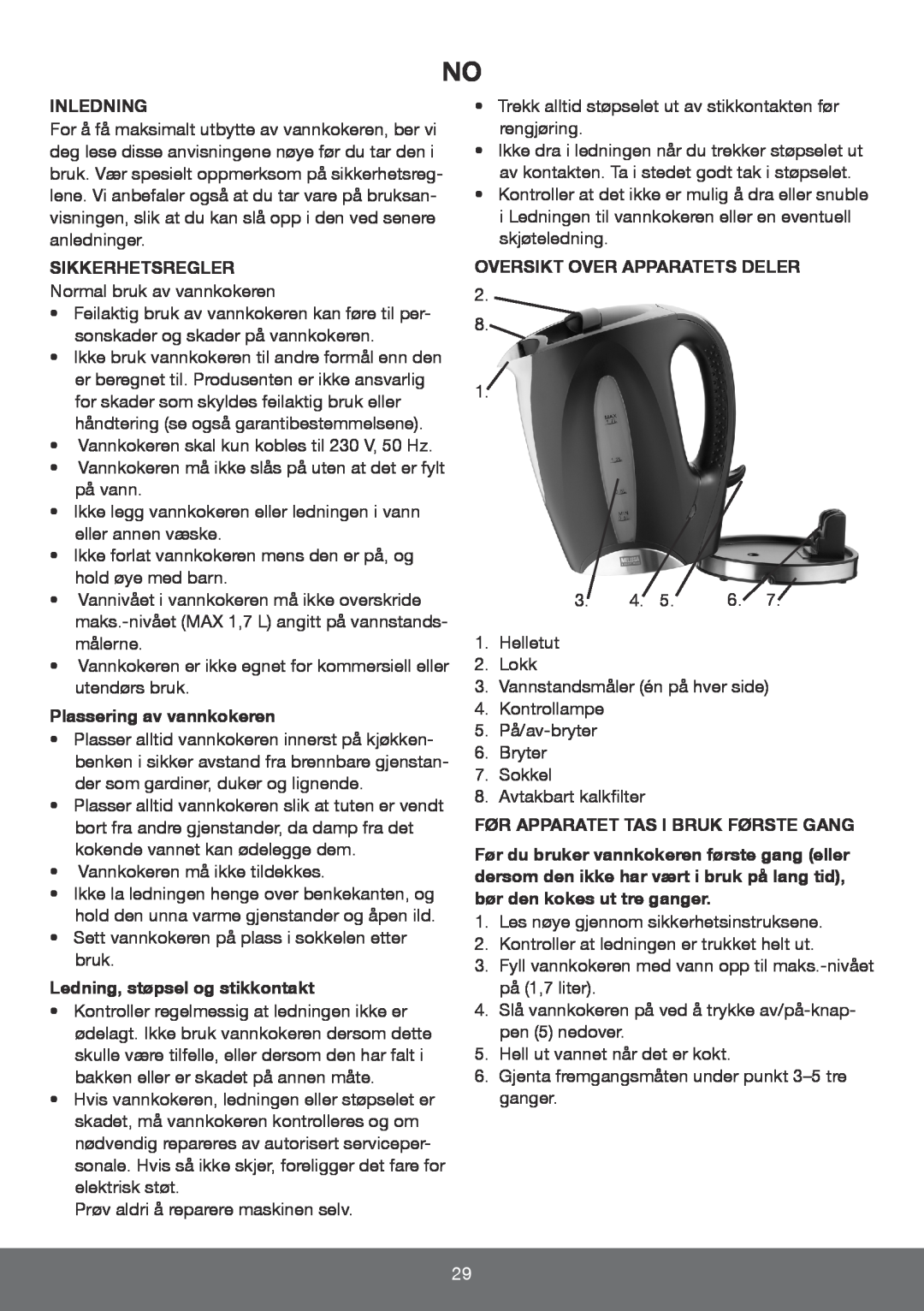 Melissa 645-096 manual Inledning, Sikkerhetsregler, Plassering av vannkokeren, Ledning, støpsel og stikkontakt 