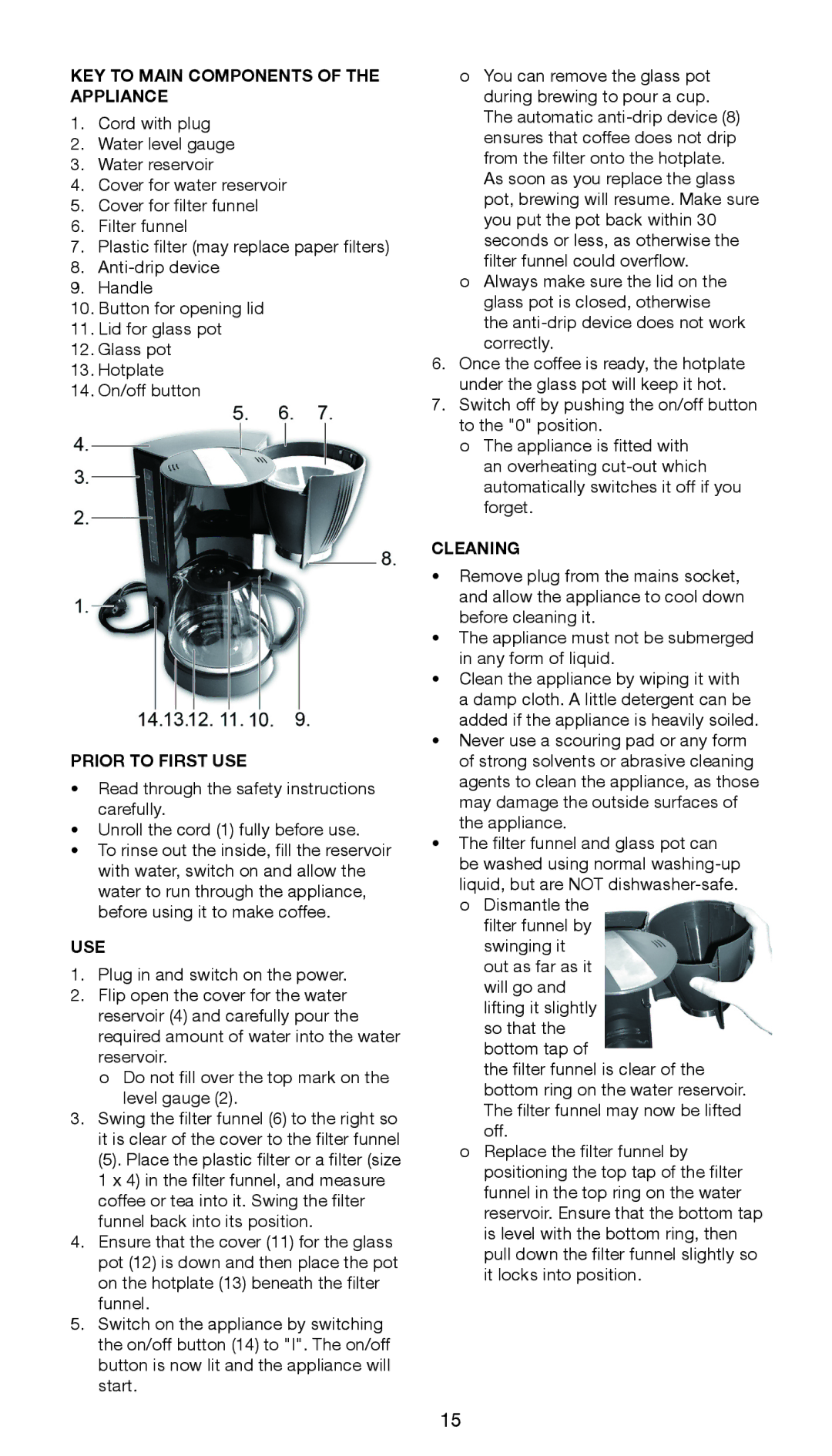 Melissa 645-097 manual KEY to Main Components of the Appliance, Prior to First USE, Use, Cleaning 