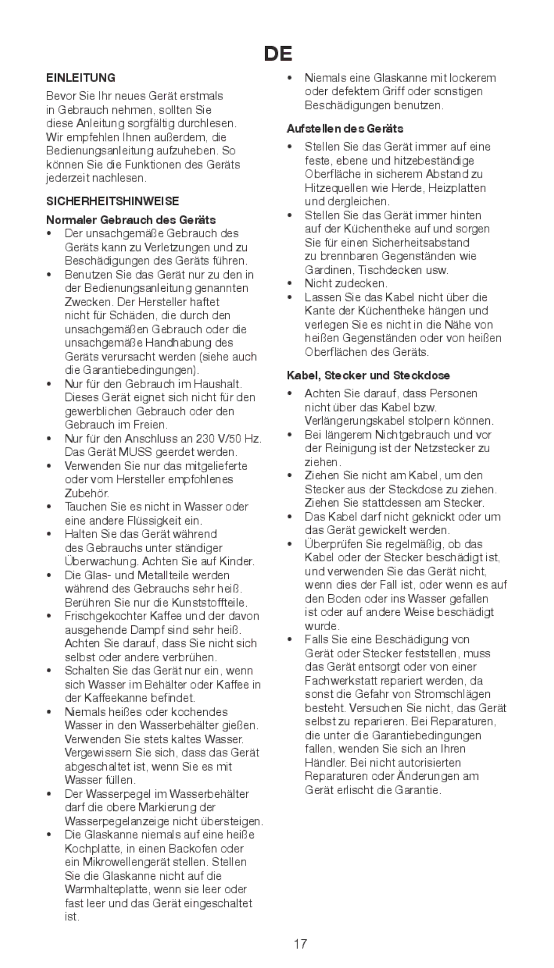 Melissa 645-097 manual Einleitung, Sicherheitshinweise Normaler Gebrauch des Geräts, Aufstellen des Geräts 