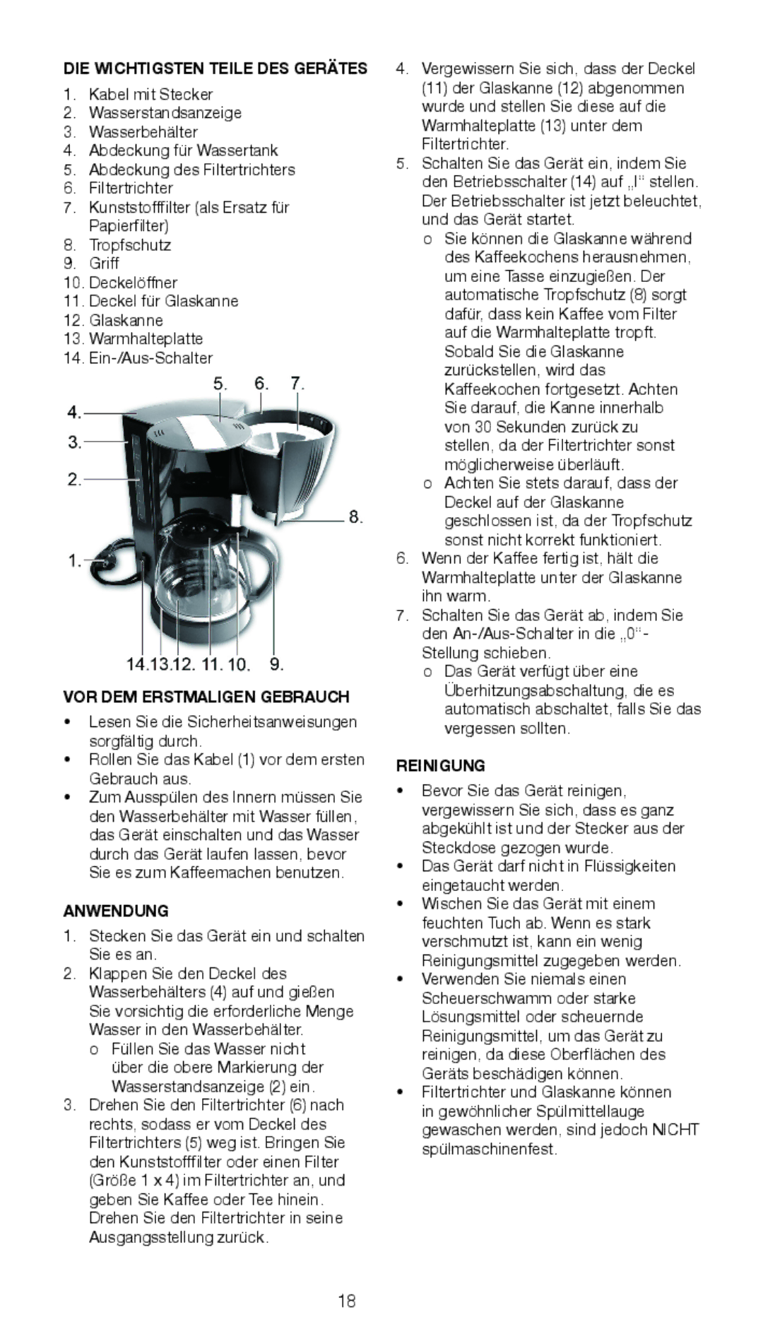 Melissa 645-097 manual DIE Wichtigsten Teile DES Gerätes, VOR DEM Erstmaligen Gebrauch, Anwendung, Reinigung 