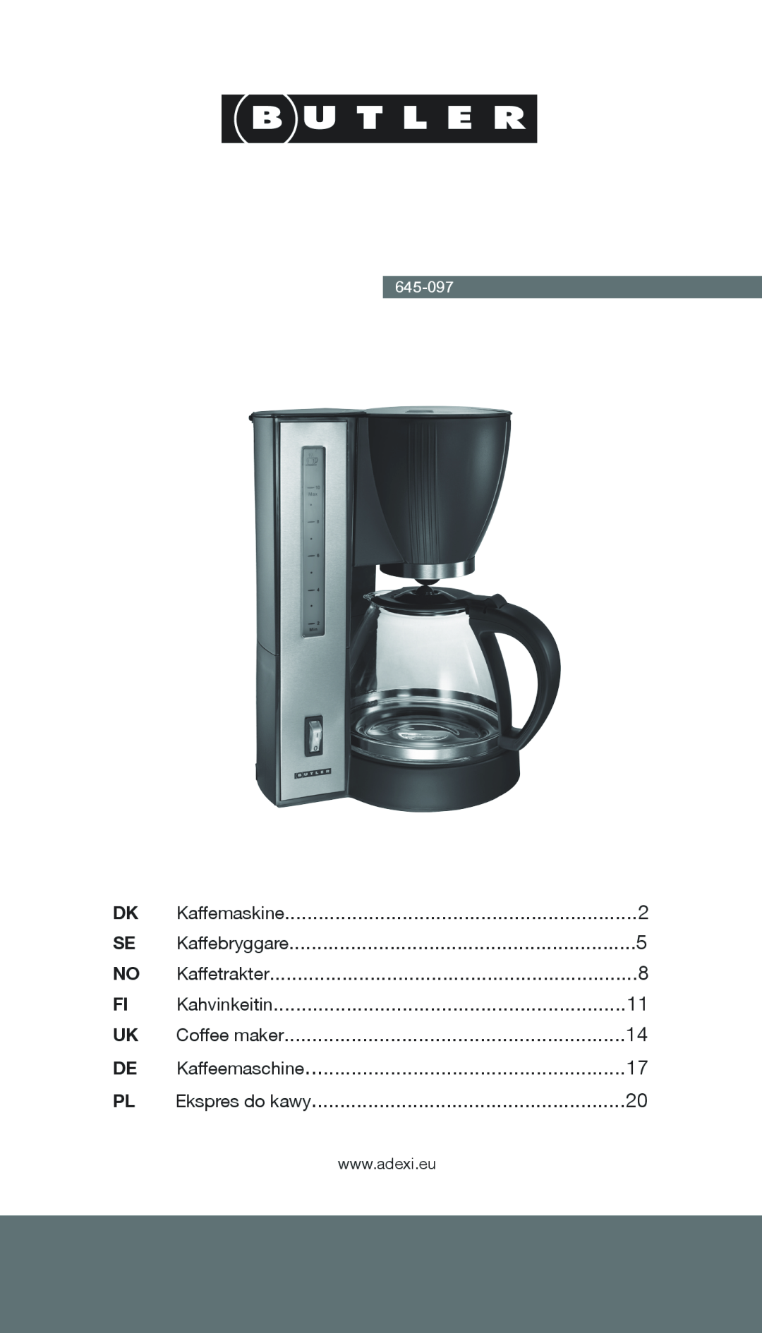Melissa 645-097 manual Kaffemaskine, Kaffebryggare, Kaffetrakter, Kahvinkeitin, Coffee maker, Kaffeemaschine 