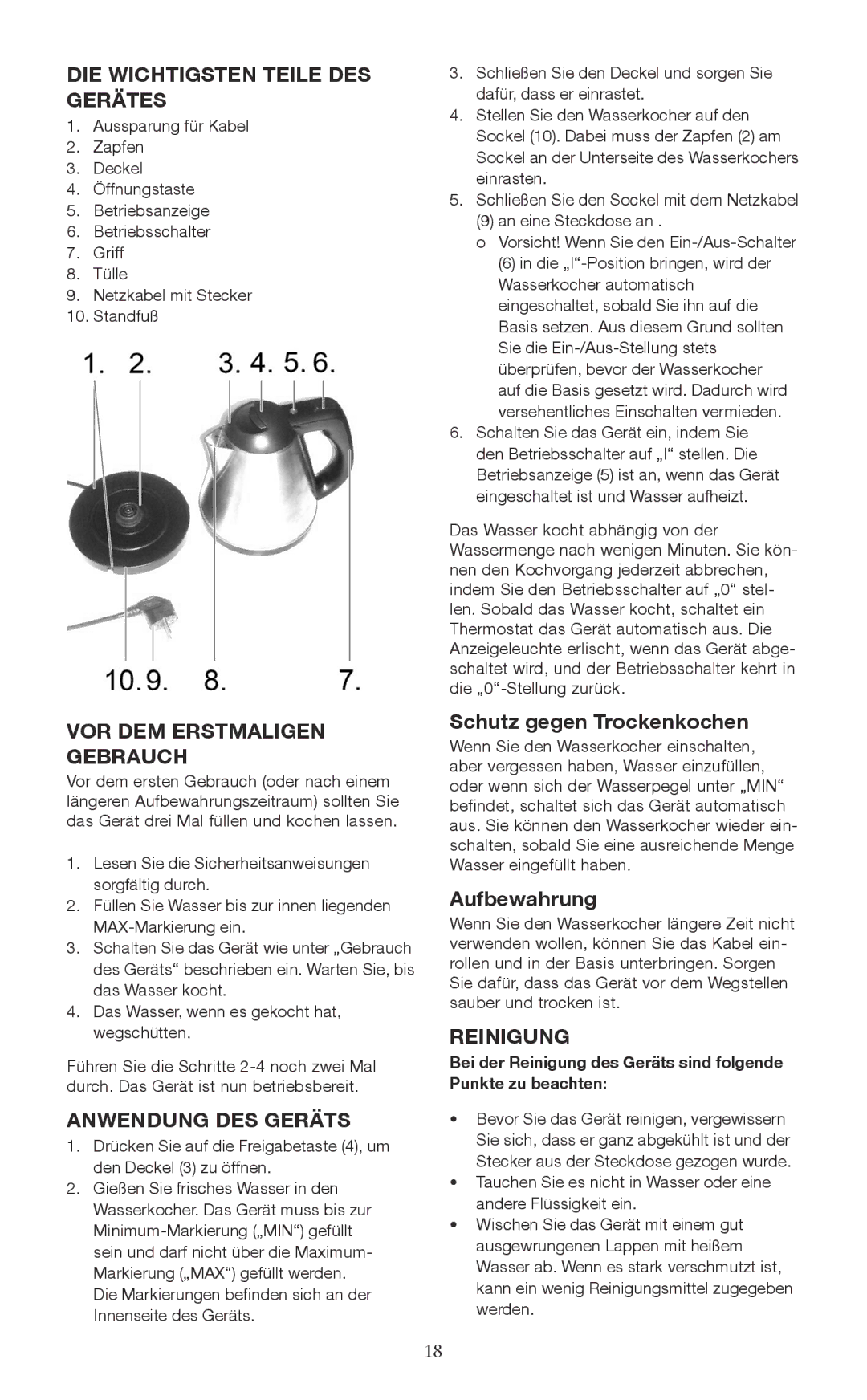 Melissa 645-098 manual DIE Wichtigsten Teile DES Gerätes, VOR DEM Erstmaligen Gebrauch, Anwendung DES Geräts, Reinigung 