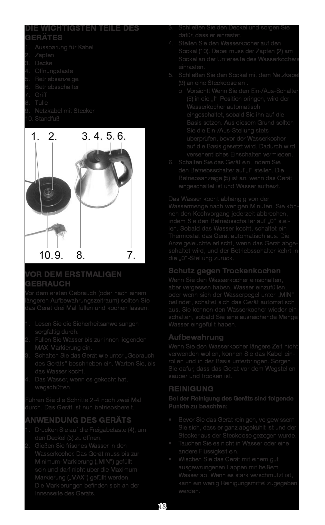 Melissa 645-098 manual Die Wichtigsten Teile Des Gerätes, Vor Dem Erstmaligen Gebrauch, Anwendung Des Geräts, Aufbewahrung 