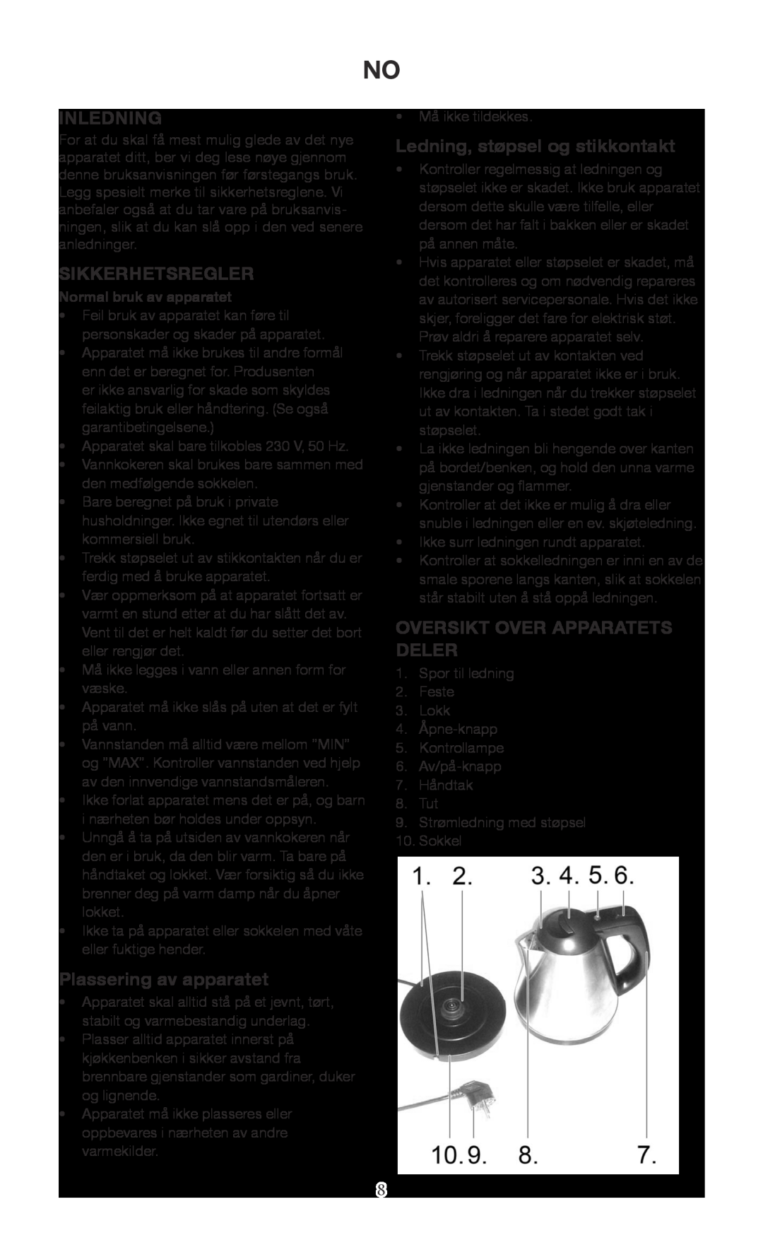 Melissa 645-098 manual Inledning, Sikkerhetsregler, Plassering av apparatet, Ledning, støpsel og stikkontakt 
