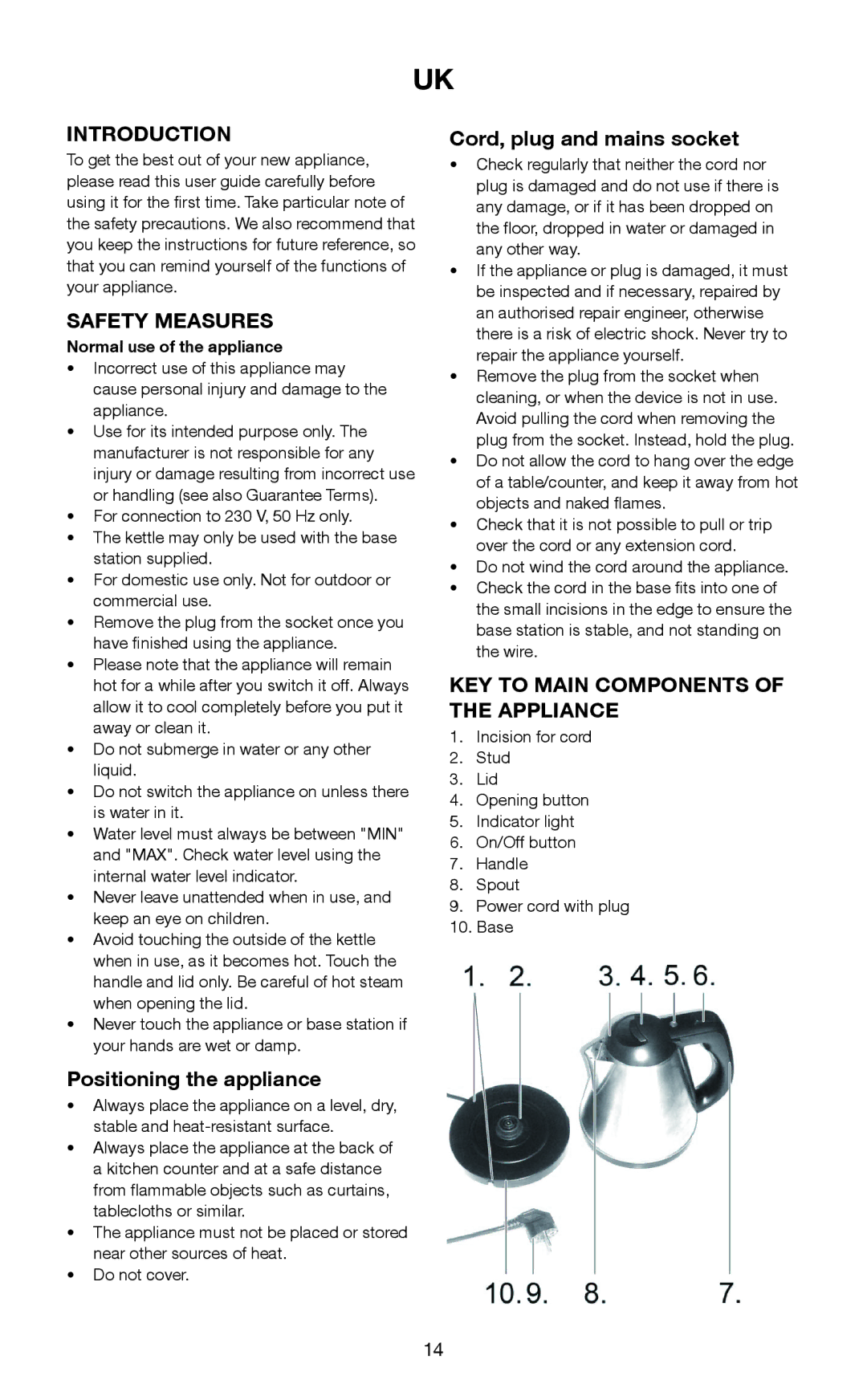 Melissa 645-103 manual Introduction, Safety Measures, Positioning the appliance, Cord, plug and mains socket 