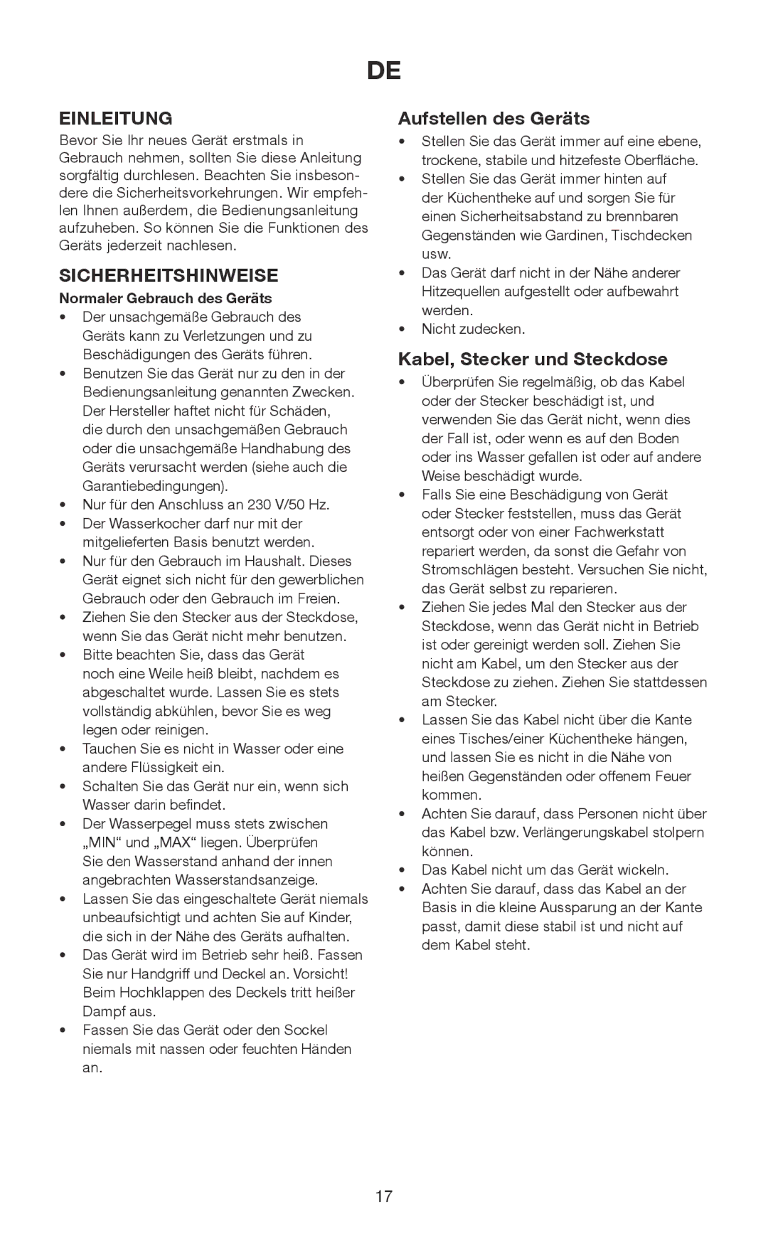 Melissa 645-103 manual Einleitung, Sicherheitshinweise, Aufstellen des Geräts, Kabel, Stecker und Steckdose 