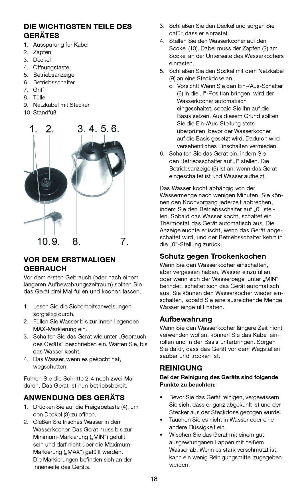 Melissa 645-103 manual DIE Wichtigsten Teile DES Gerätes, VOR DEM Erstmaligen Gebrauch, Anwendung DES Geräts, Reinigung 