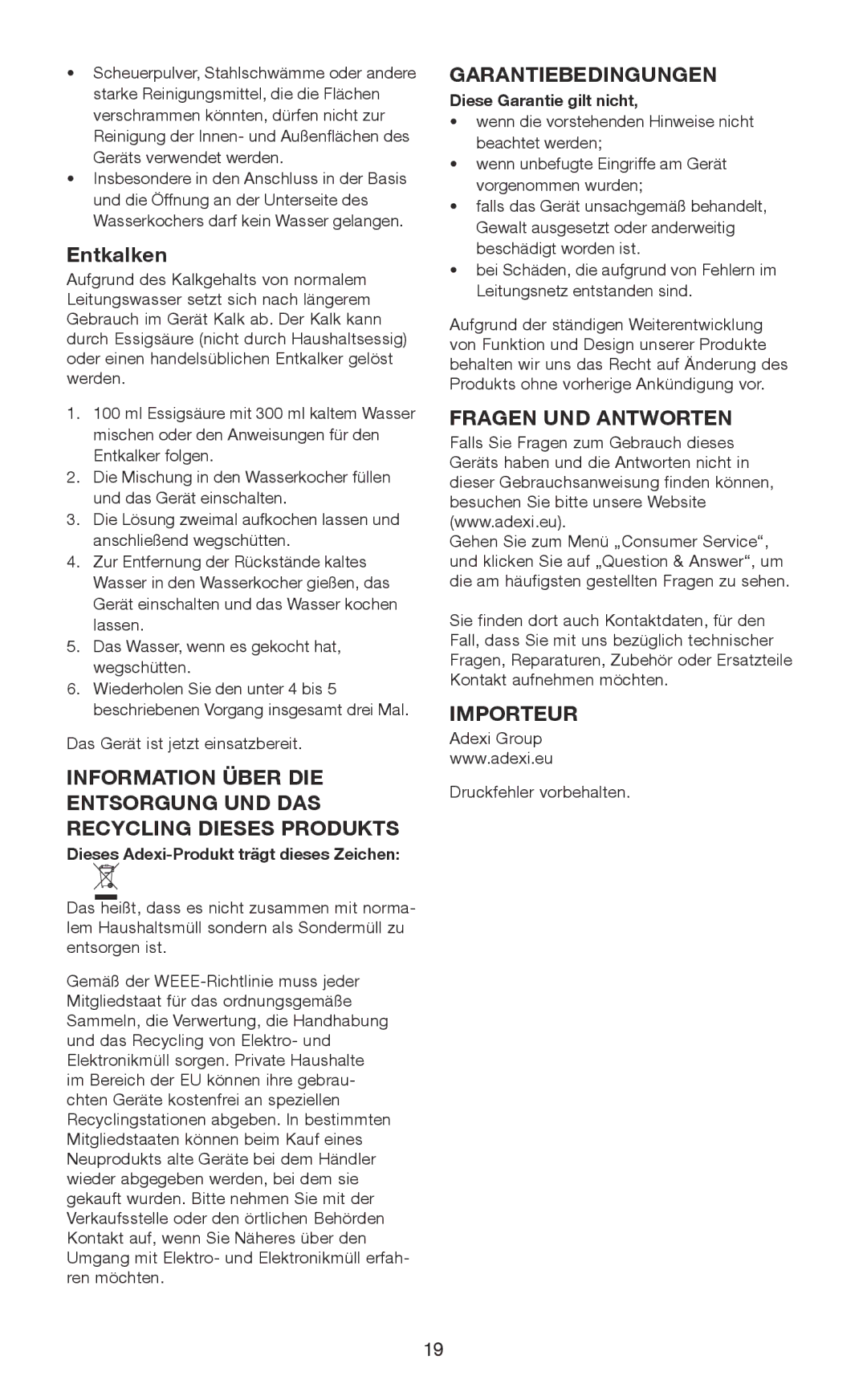 Melissa 645-103 manual Entkalken, Garantiebedingungen, Fragen UND Antworten, Importeur 